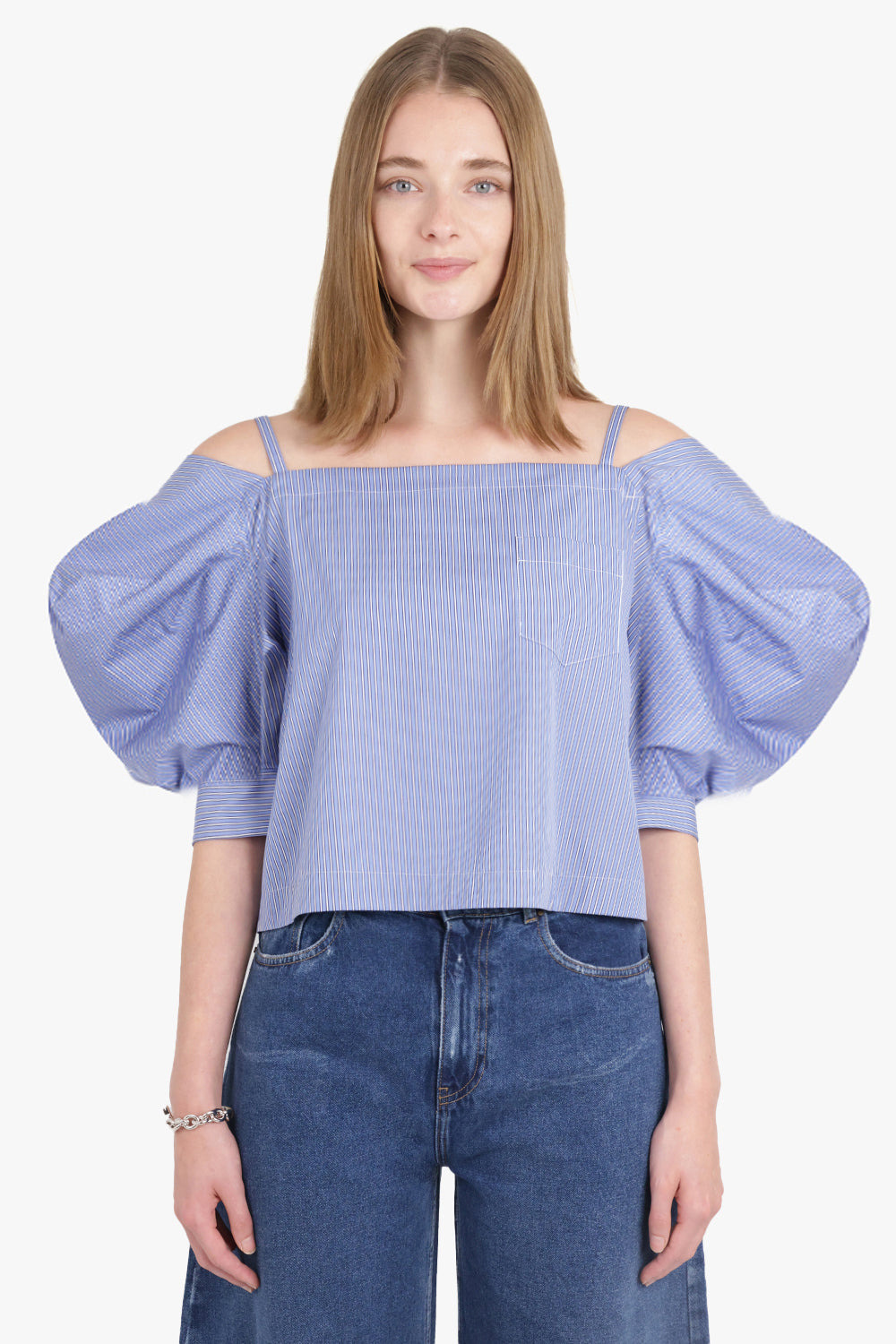 OFF SHOULDER STRIPE TOP WITH EXAGGERATED WING SLEEVE | BLUE - 2