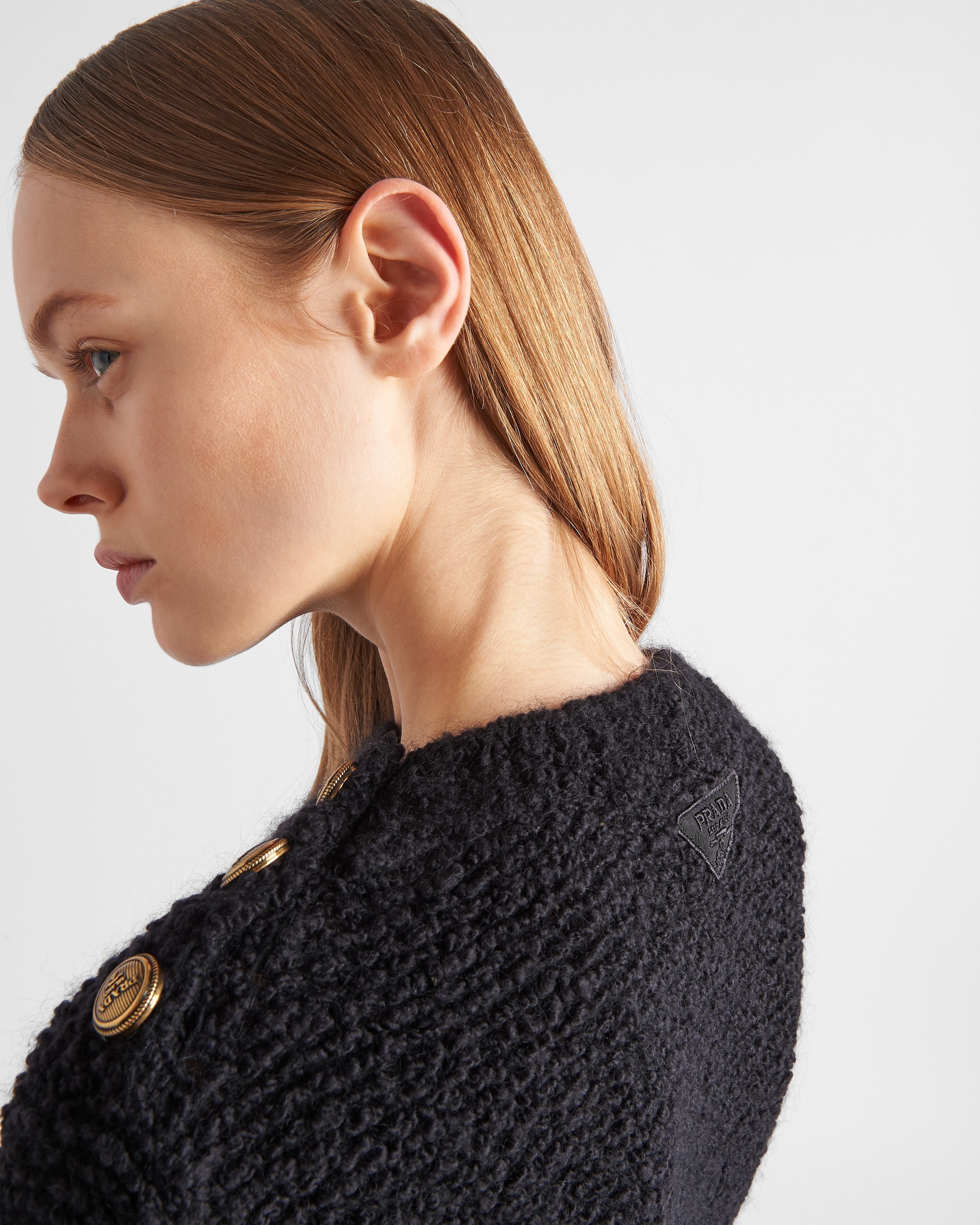 Prada Wool Boucle Knit Sweater with Shoulder Buttons - Bergdorf Goodman
