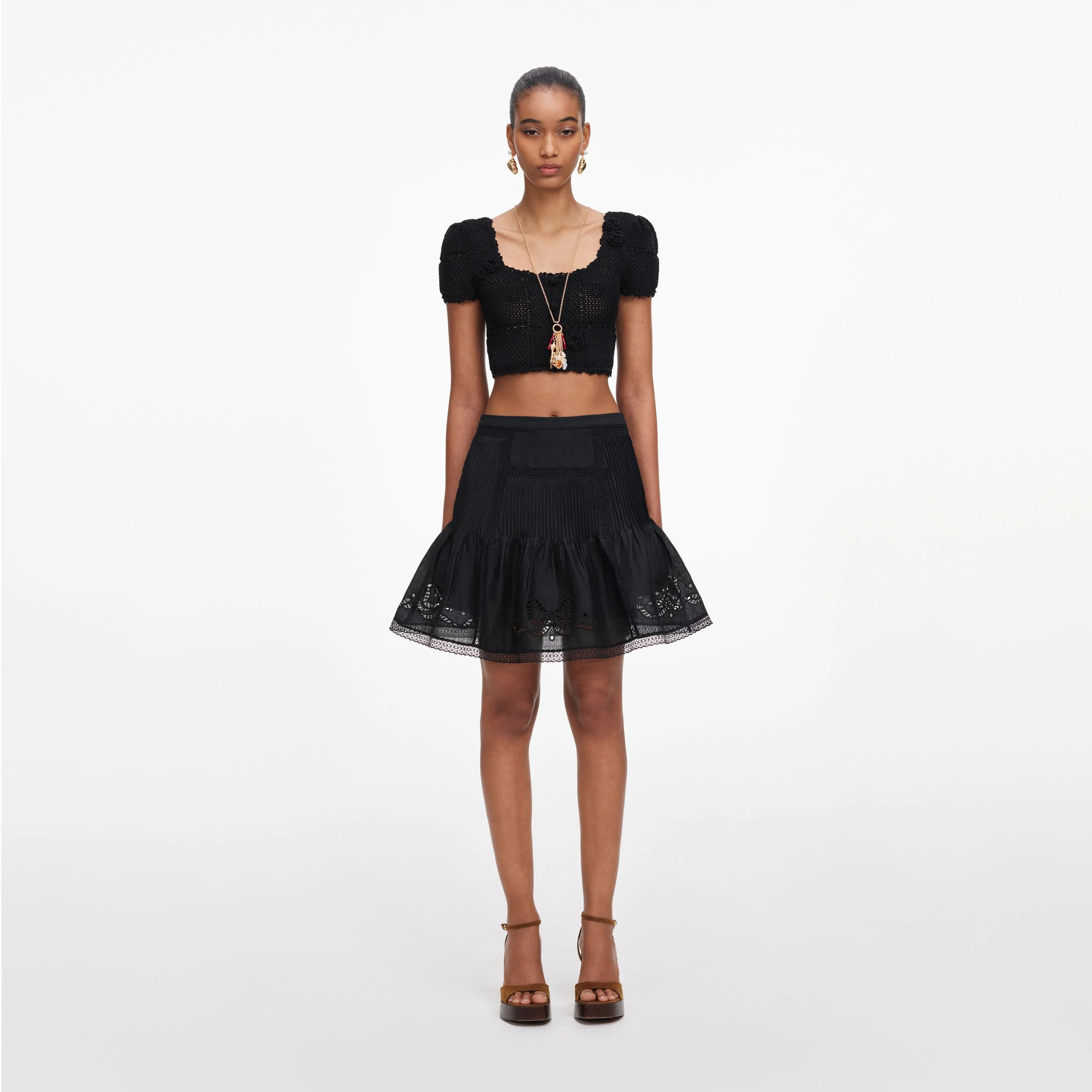 Black Embroidered Mini Skirt - 1