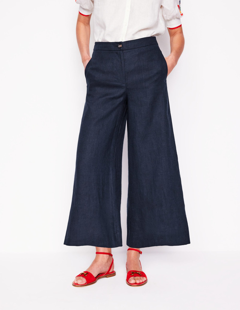 Wide Crop Linen Pants-Navy 6