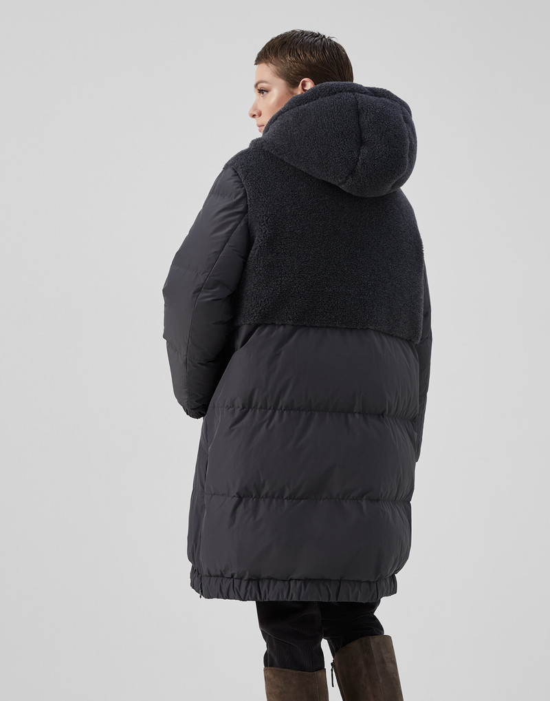 Brunello Cucinelli Taffeta and virgin wool and cashmere fleecy panelled down coat with hood and monili outlook