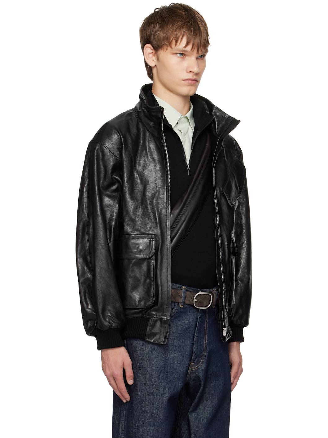 Black Lamb Leather Zip Blouson Jacket - 2
