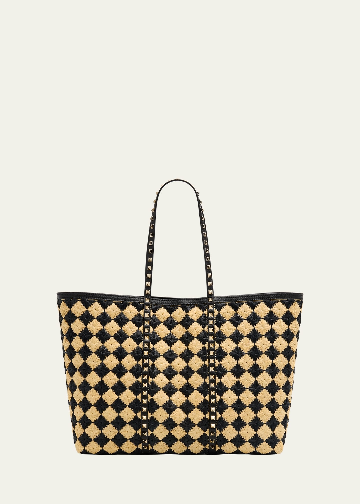 Rockstud Embroidered Raffia Shopping Tote Bag - 1