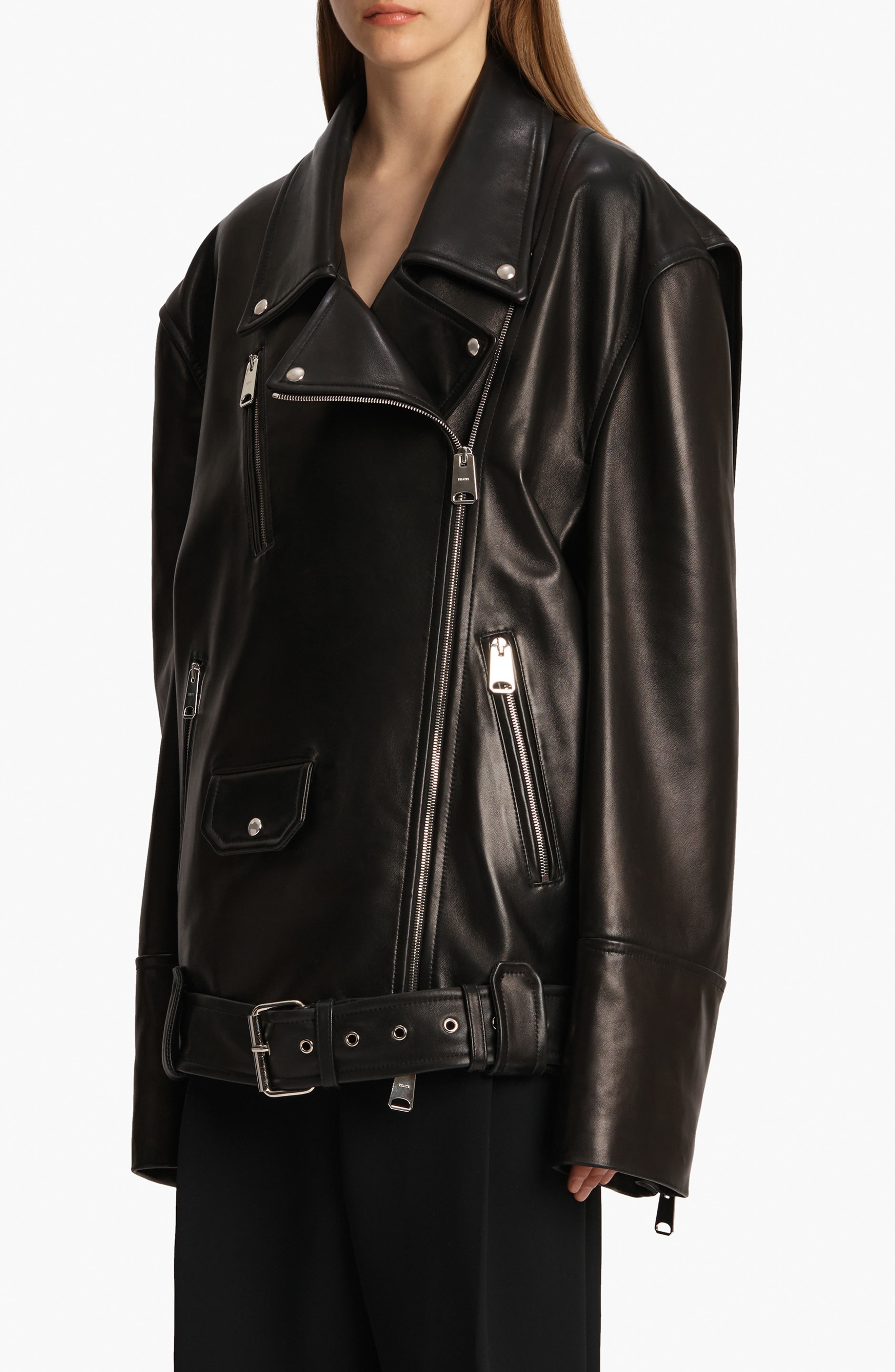 Khaite Hansel Oversize Lambskin Leather Biker Jacket in Black at Nordstrom - 3