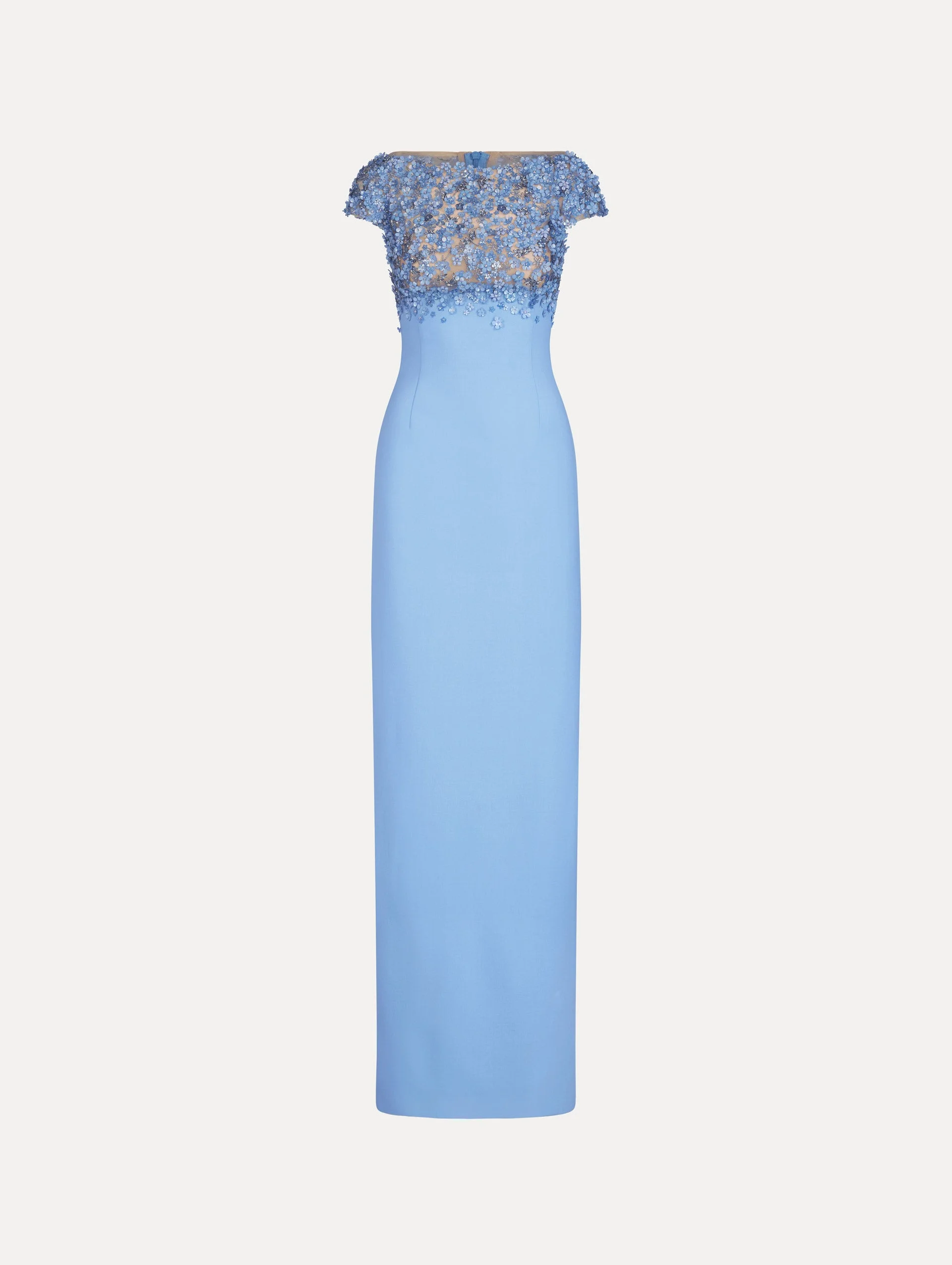 PORCELAIN FLOWER EMBROIDERED CAP-SLEEVE GOWN - 1