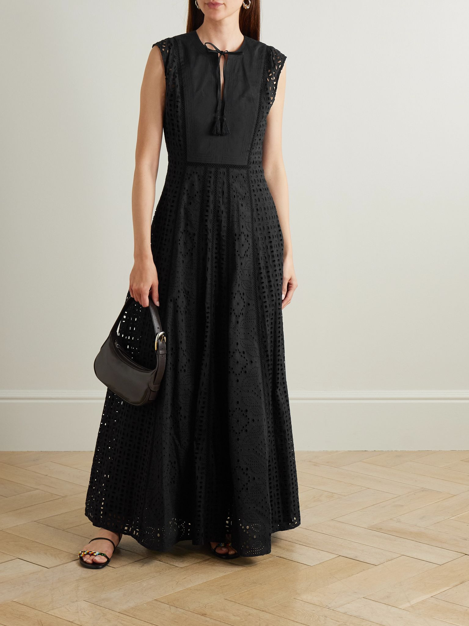 Alina tie-detailed tasseled broderie anglaise cotton maxi dress Black - 2