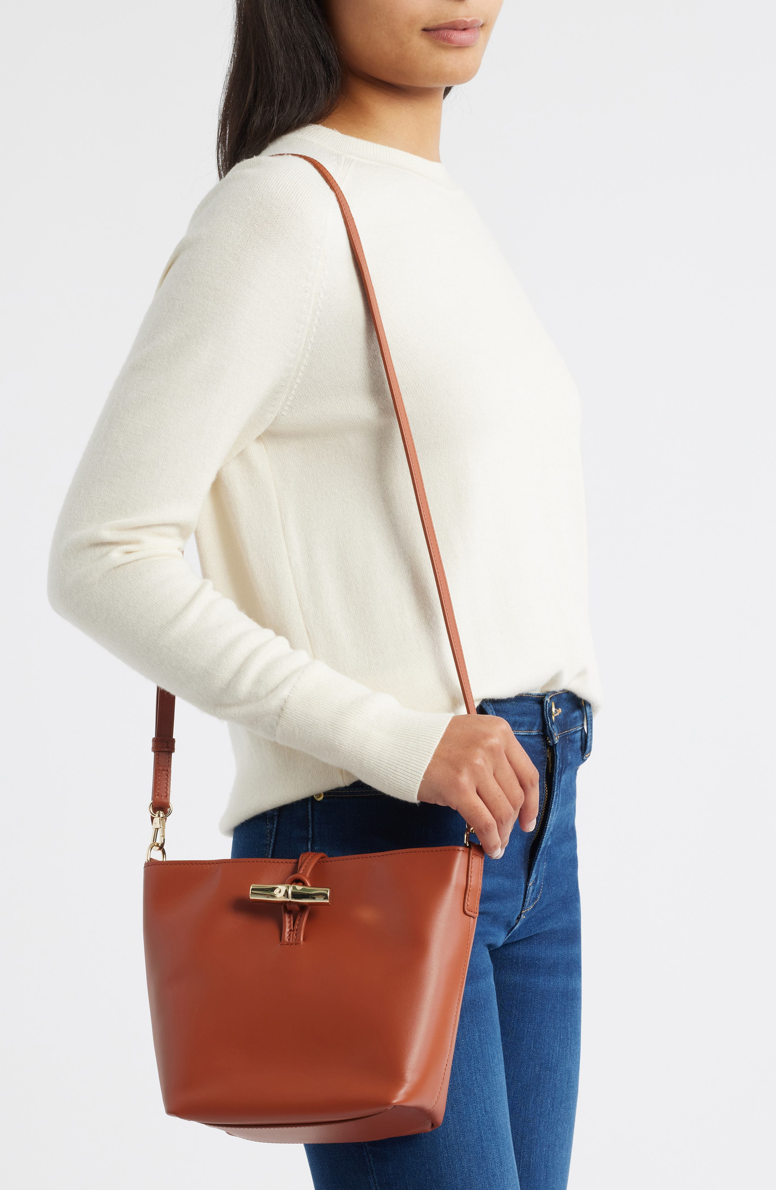 Longchamp Extra Small Le Roseau Leather Bucket Bag in Bark at Nordstrom - 2