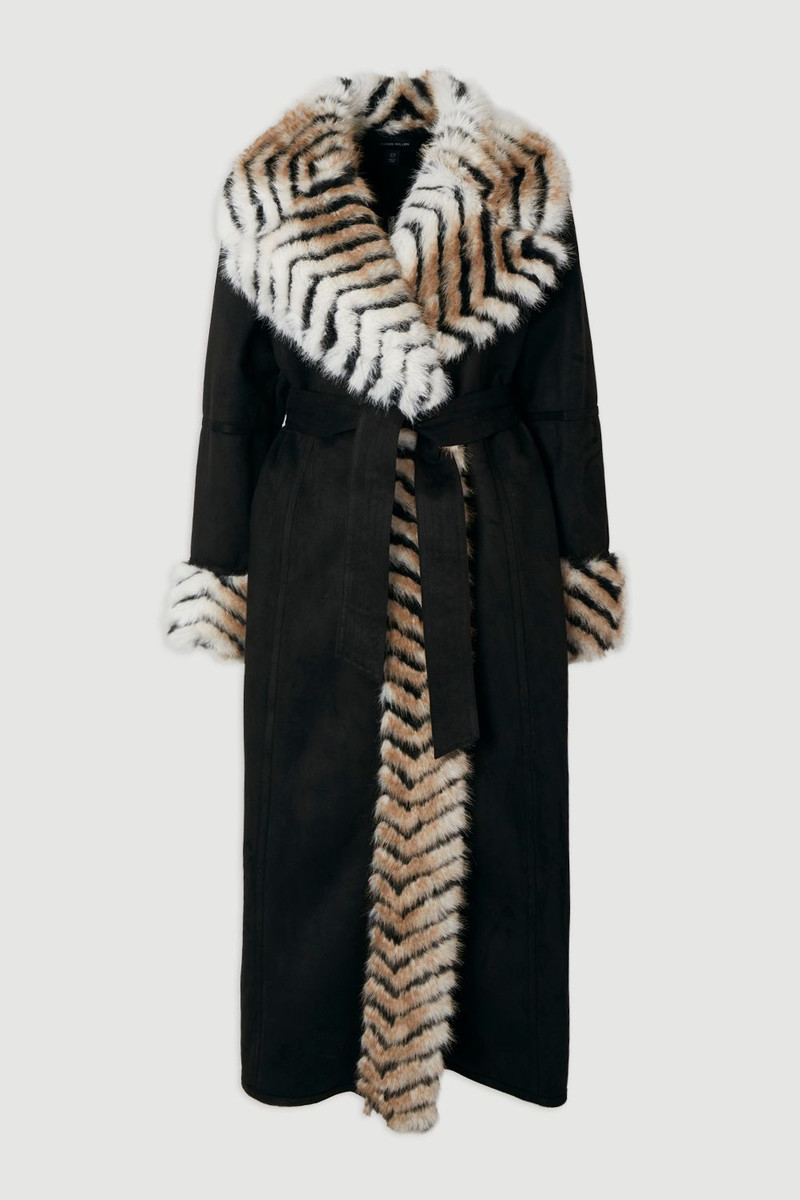 Faux Shearling Contrast Collar & Cuff Belted Maxi Coat 4