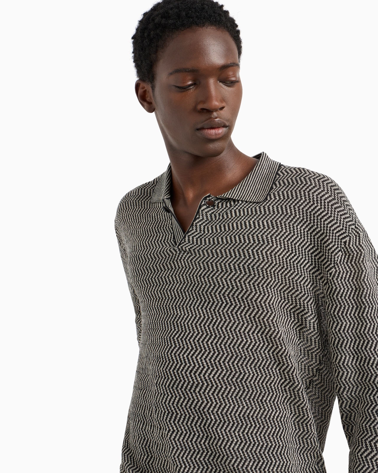 ASV LINEN AND LYOCELL-BLEND POLO-COLLAR JUMPER WITH CHEVRON MOTIF - 5