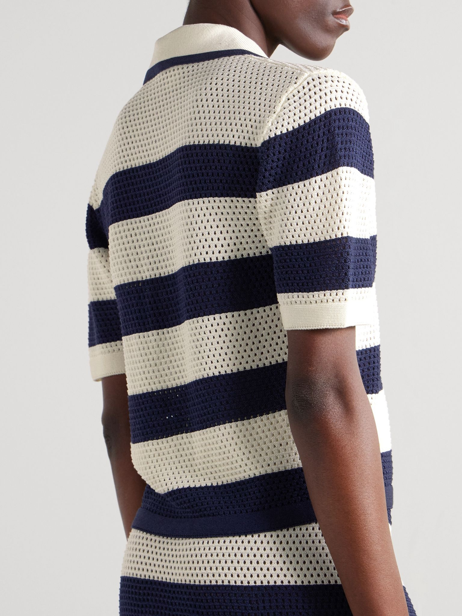 Bayadere Mouette striped open-knit cotton-blend polo shirt Blue - 3