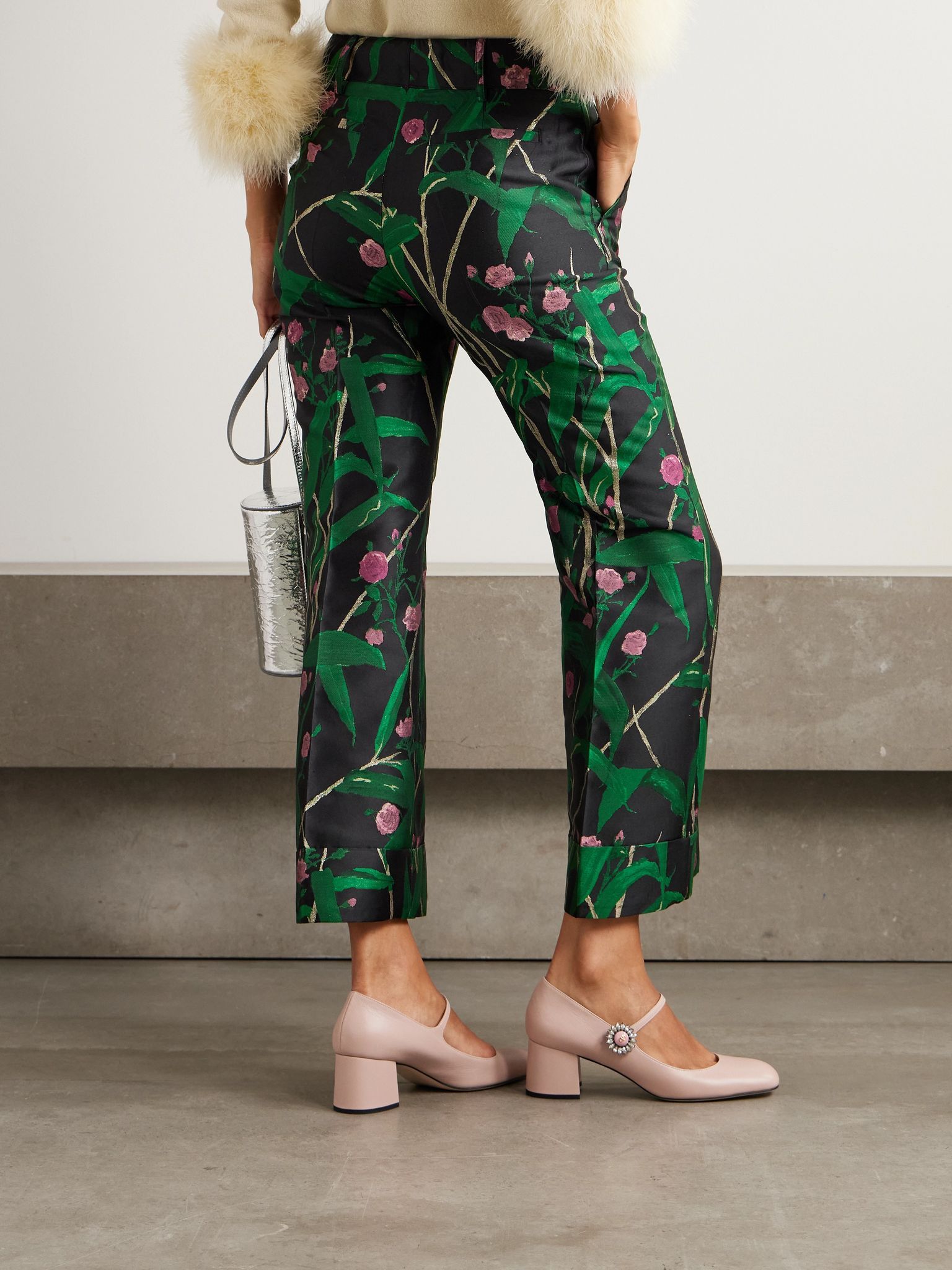 Hendrix cropped floral-jacquard crepe wide-leg pants Green - 3