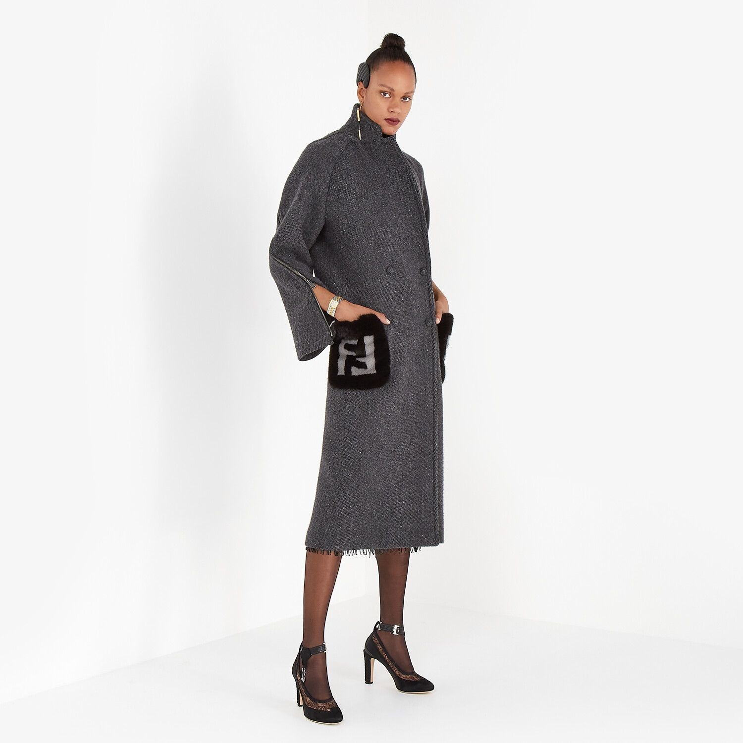 Gray melange double wool tweed coat - 4