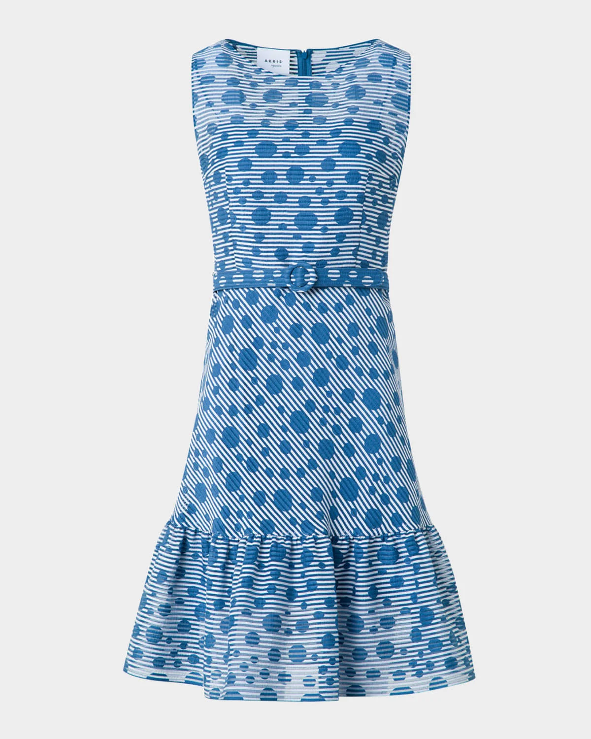 Sleeveless Belted Dot-Seersucker Dress - 1