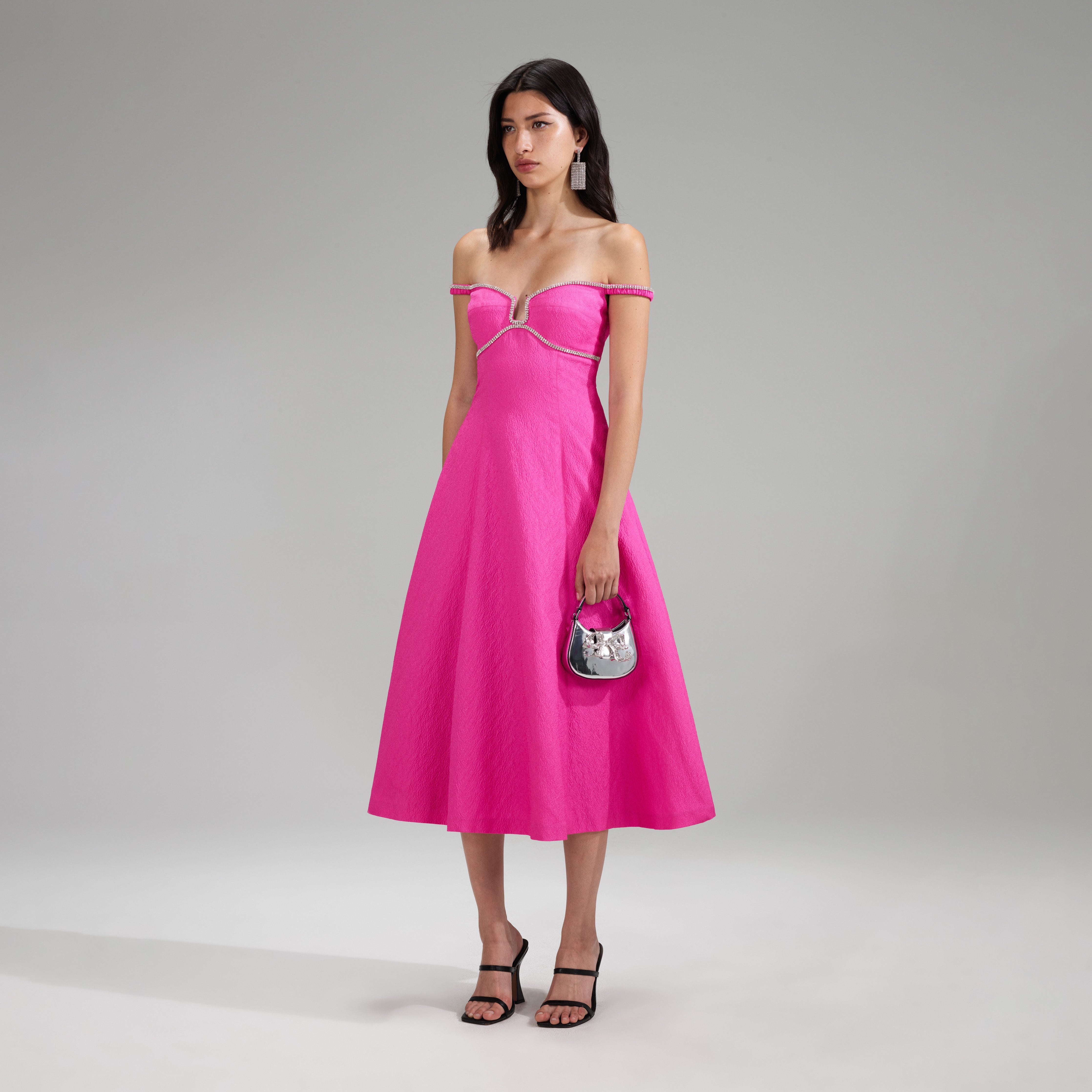 Pink Textured Diamante Detail Midi Dress - 2