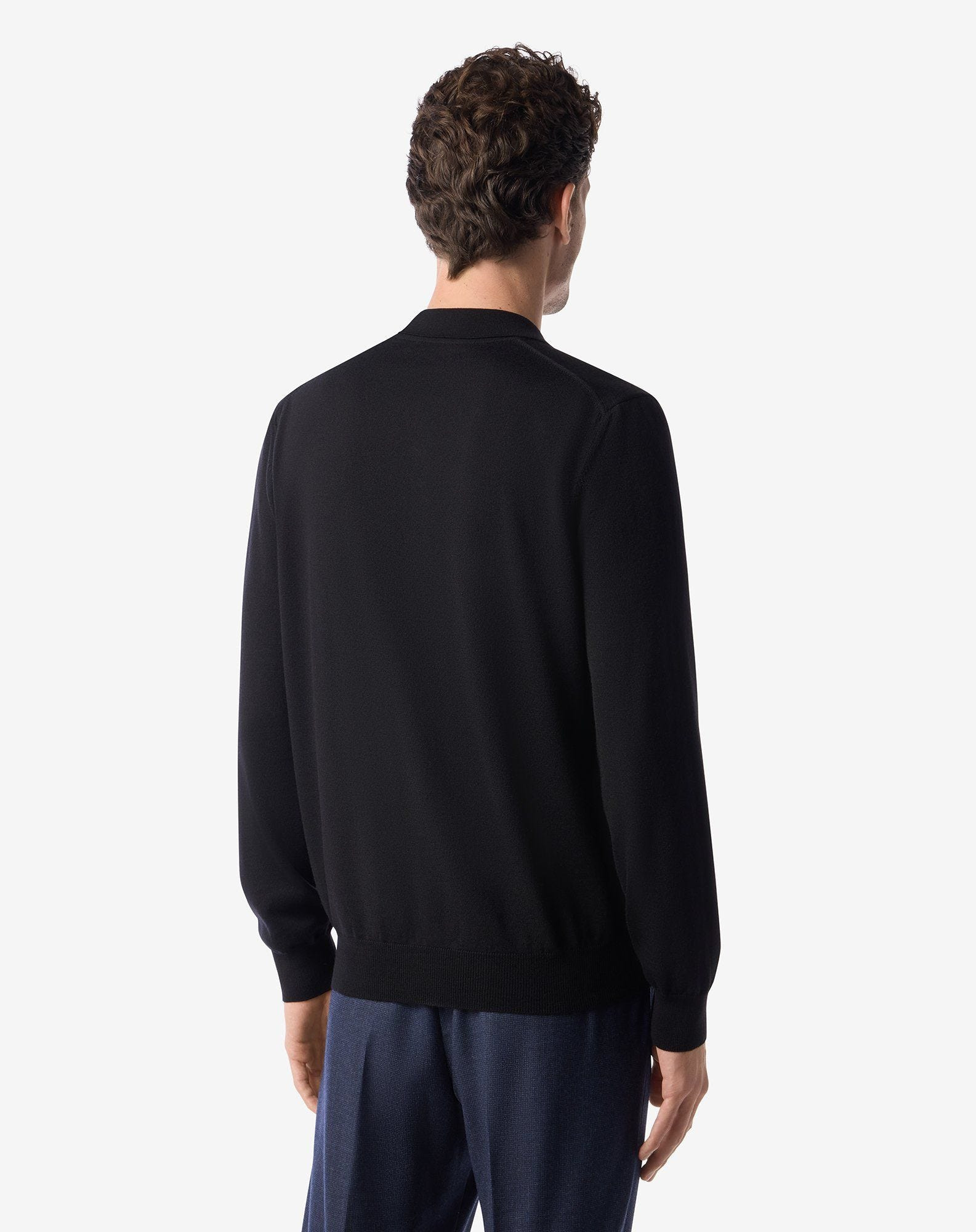 Black extra fine merino wool button-up polo - 3