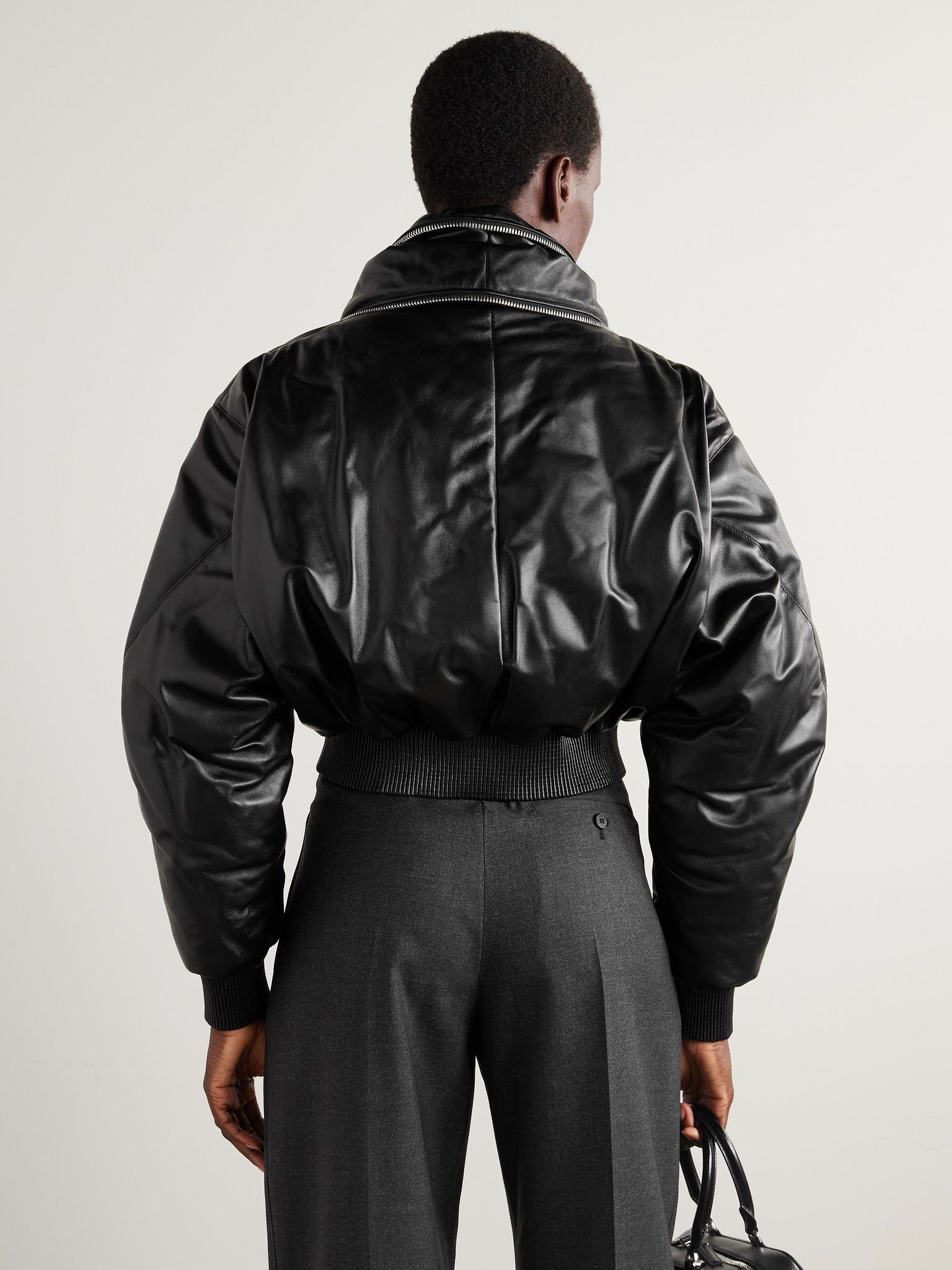 Cropped layered leather bomber jacket Black - 3