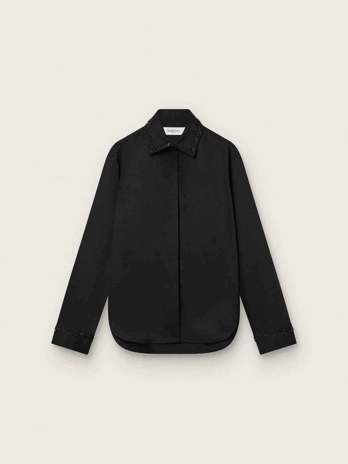 Women's shirt in black wool twill with floral embroidery in glass beads - 1