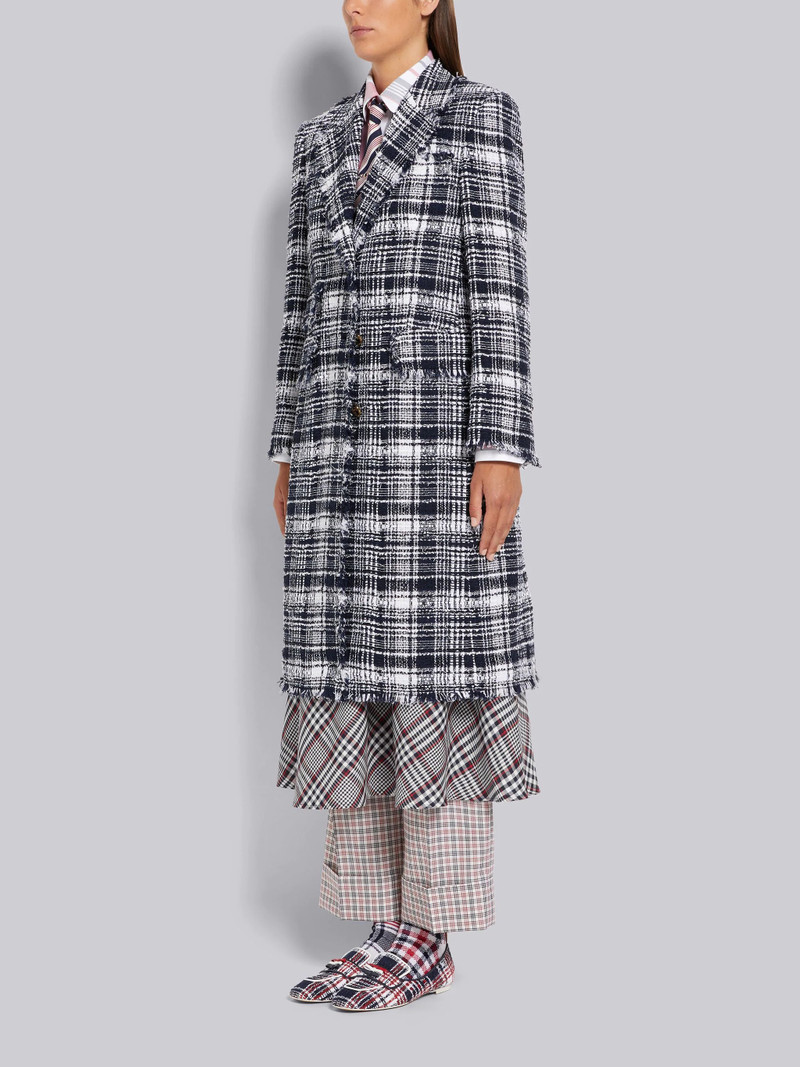 Thom Browne Navy Hairline Madras Ribbon Tweed Frayed Single Vent Overcoat outlook