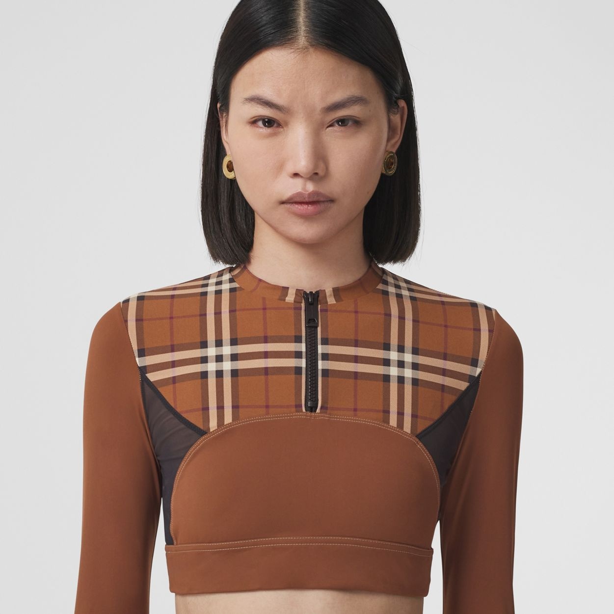 Check Panel Stretch Jersey Cropped Top - 3