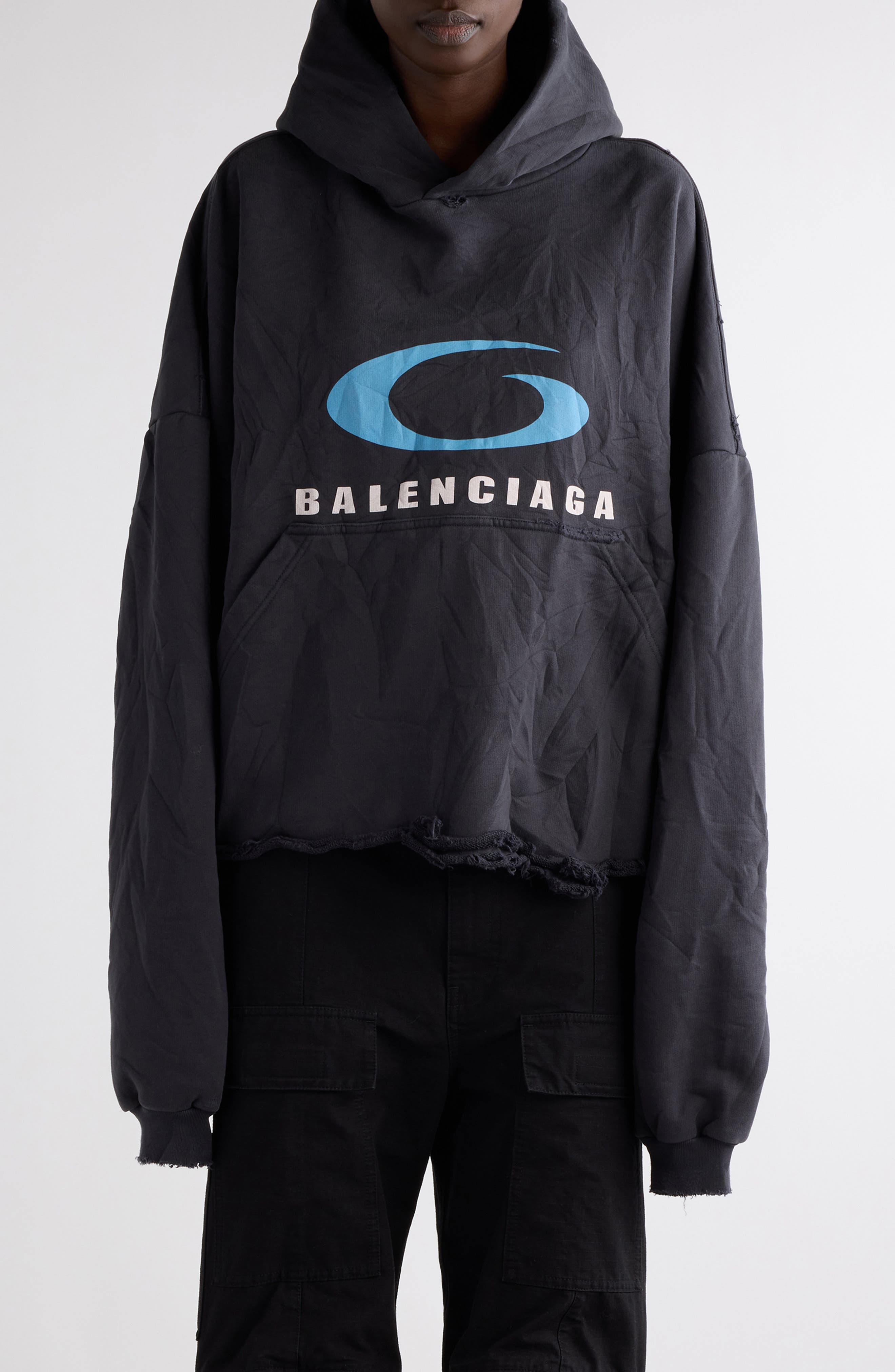 Balenciaga Logo Distressed Crop Graphic Hoodie in Washed Black/Blue at Nordstrom - 1