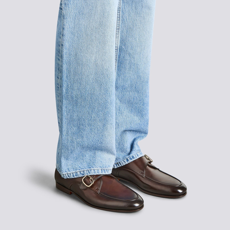 Santoni Men's dark brown leather single-buckle shoe outlook