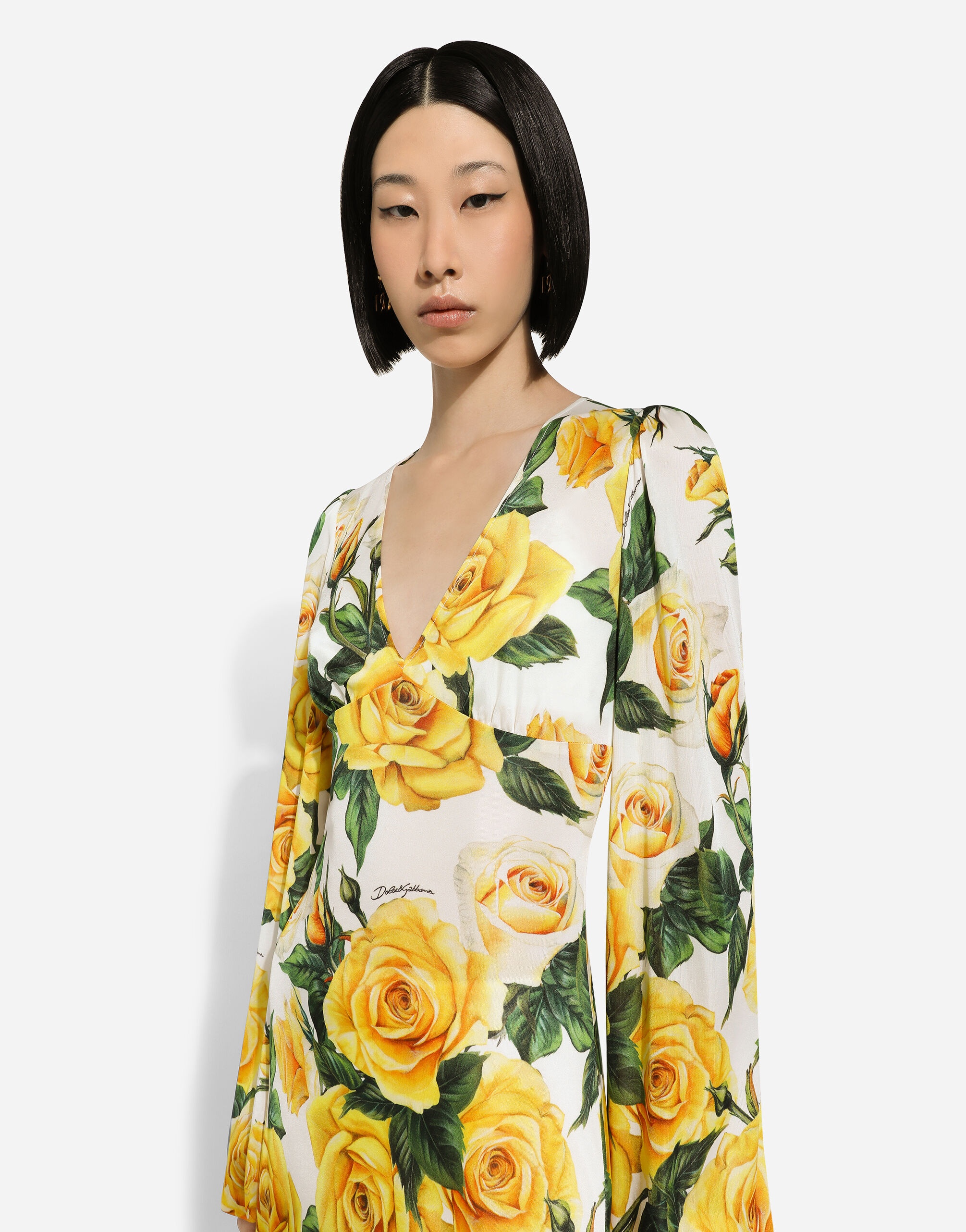 Organzine V-neck dress with yellow rose print - 4