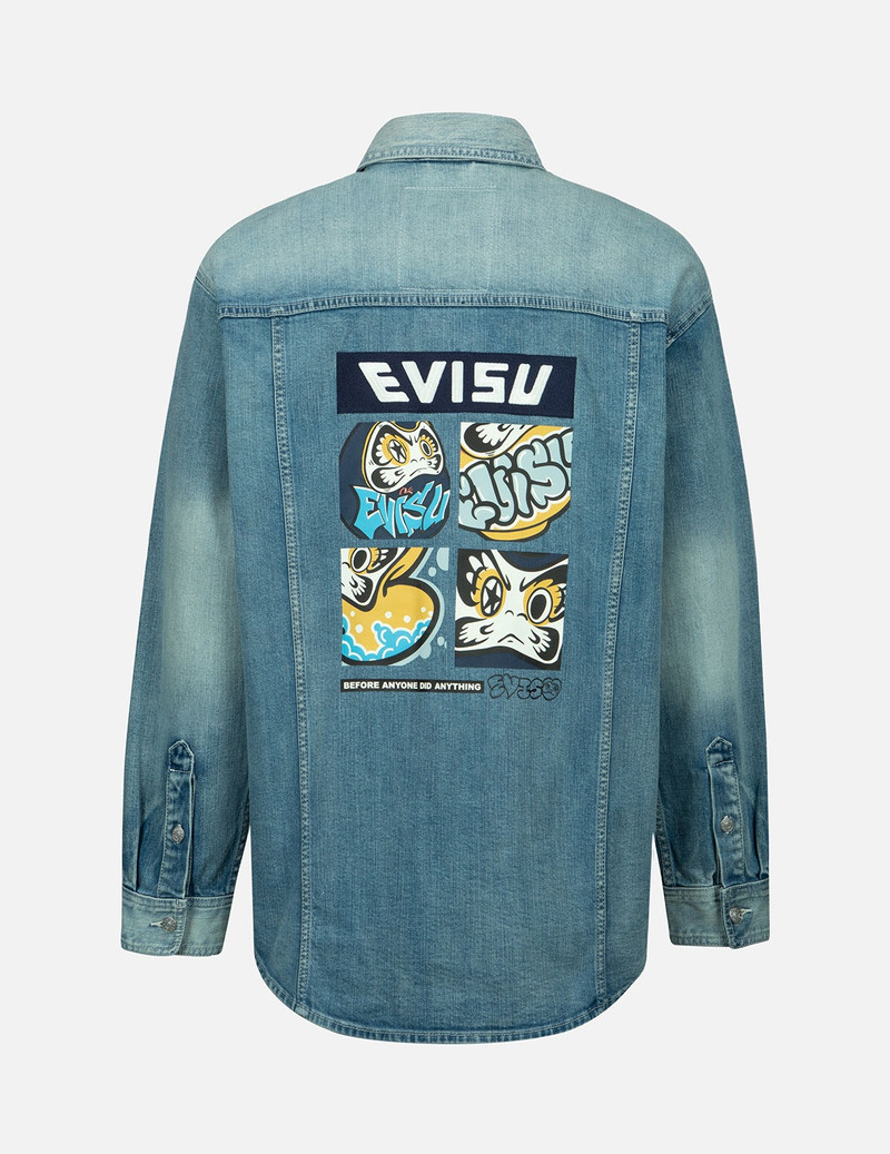 EVISU GRAFFITI DARMA GRID GRAPHIC PRINT DENIM SHIRT JACKET outlook
