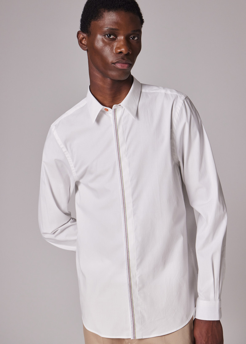 Tailored-Fit White Shirt With Embroidered Stripe Placket 4