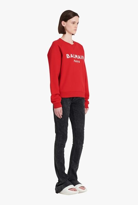 Red eco-designed cotton sweatshirt with white Balmain logo print - 7