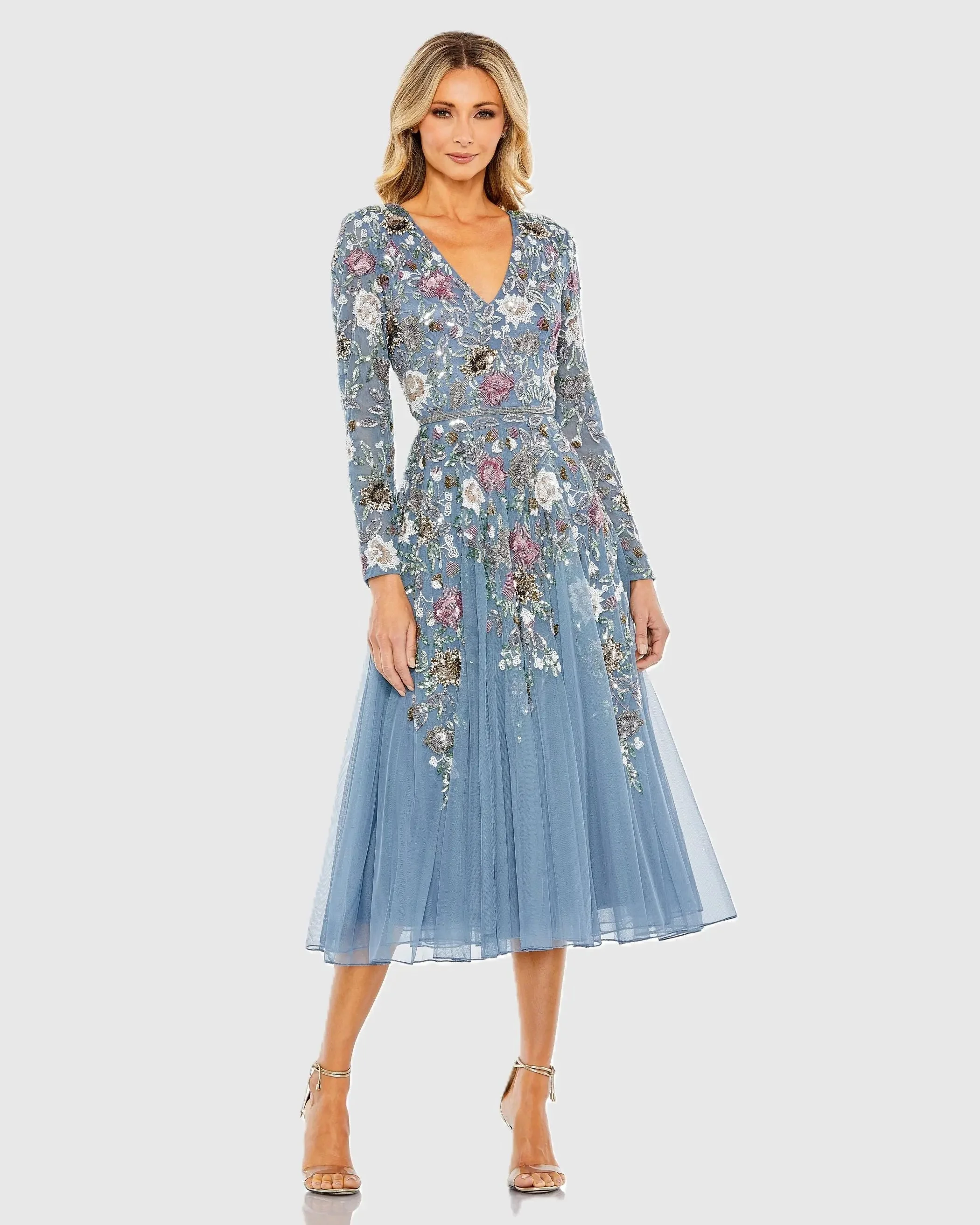 Blue Hand Embellished Floral V-Neck Long Sleeve Dress - 1