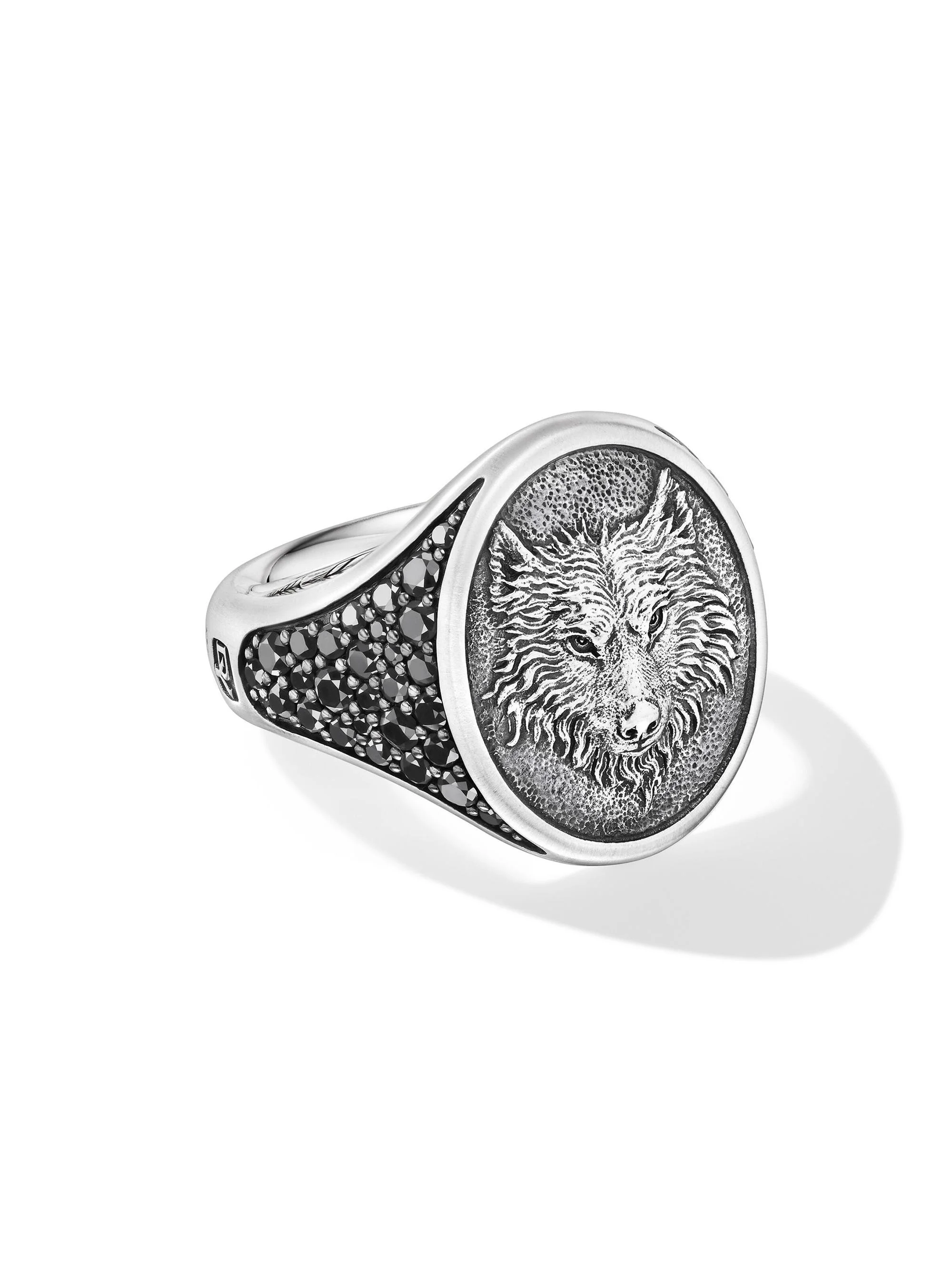 Men's Petrvs Wolf Signet Ring in Sterling Silver - Black Diamond - 1