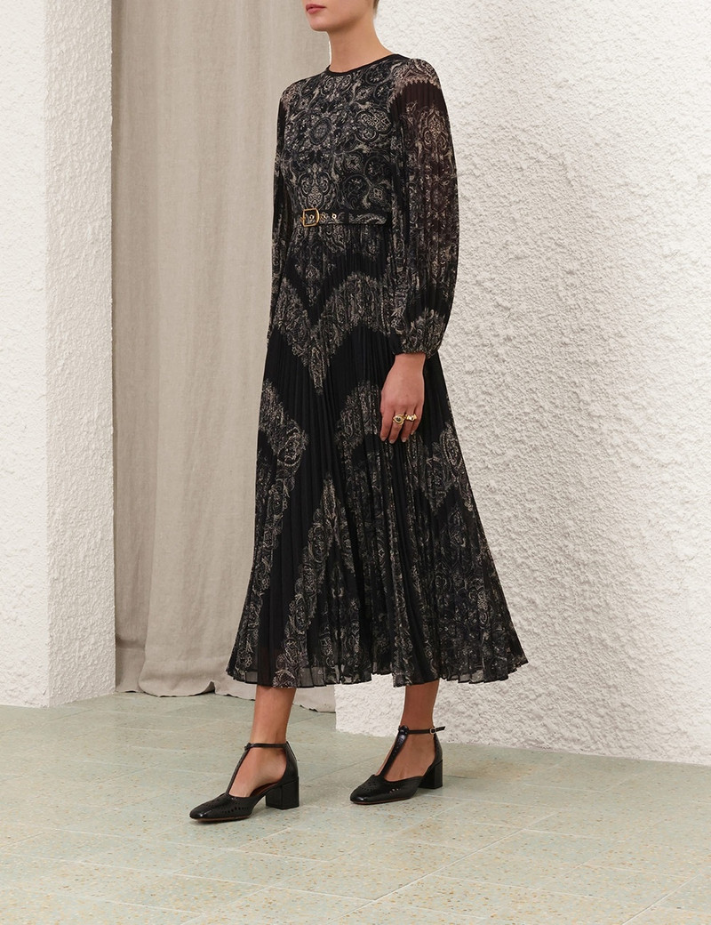 knee length dresses for ladies Zimmermann Dawning Sunray Midi Dress Pleated, Black/White  Naked Pear