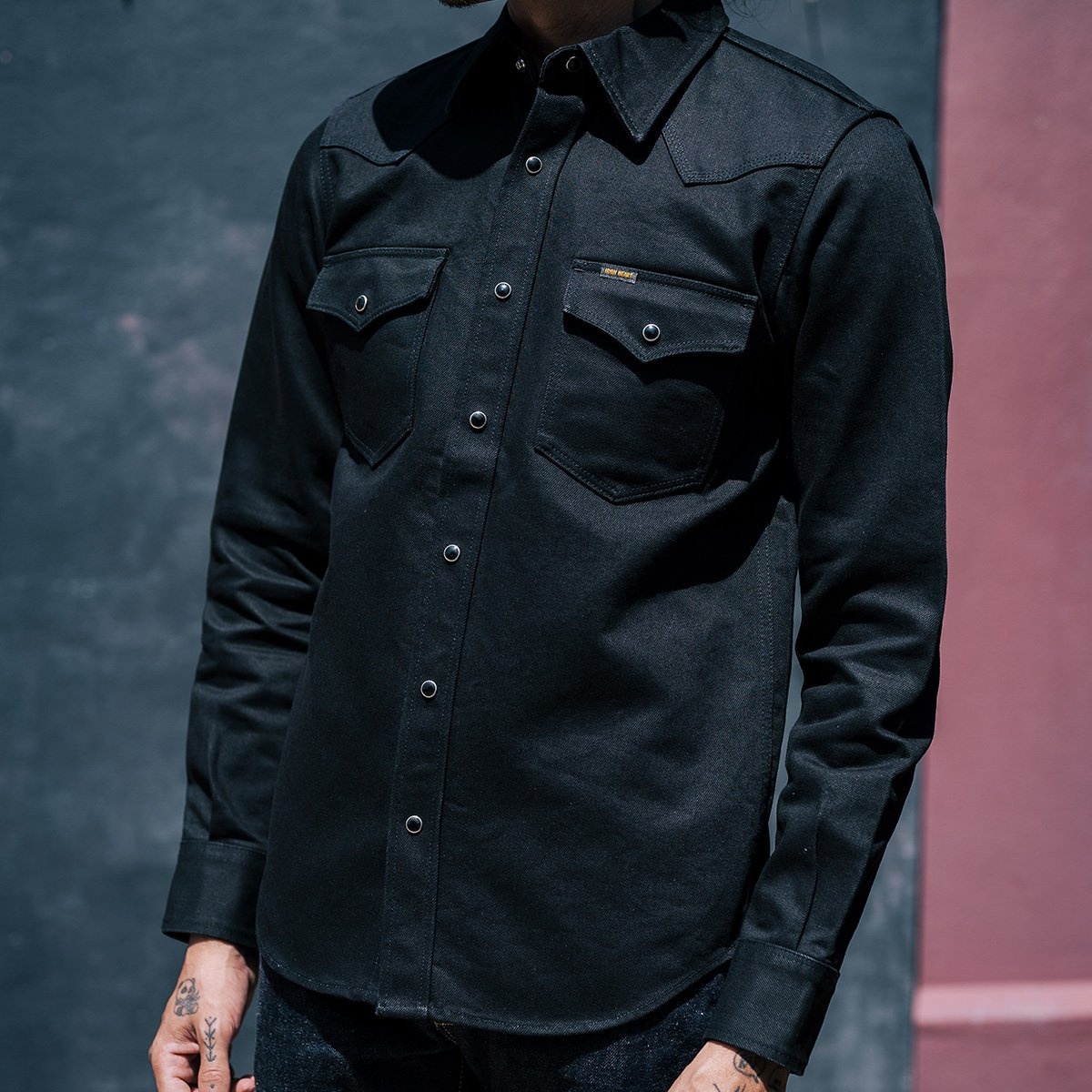 IHSH-361-BLK 16oz Non-Selvedge Denim Western Shirt -  Superblack (Fades To Grey) - 4