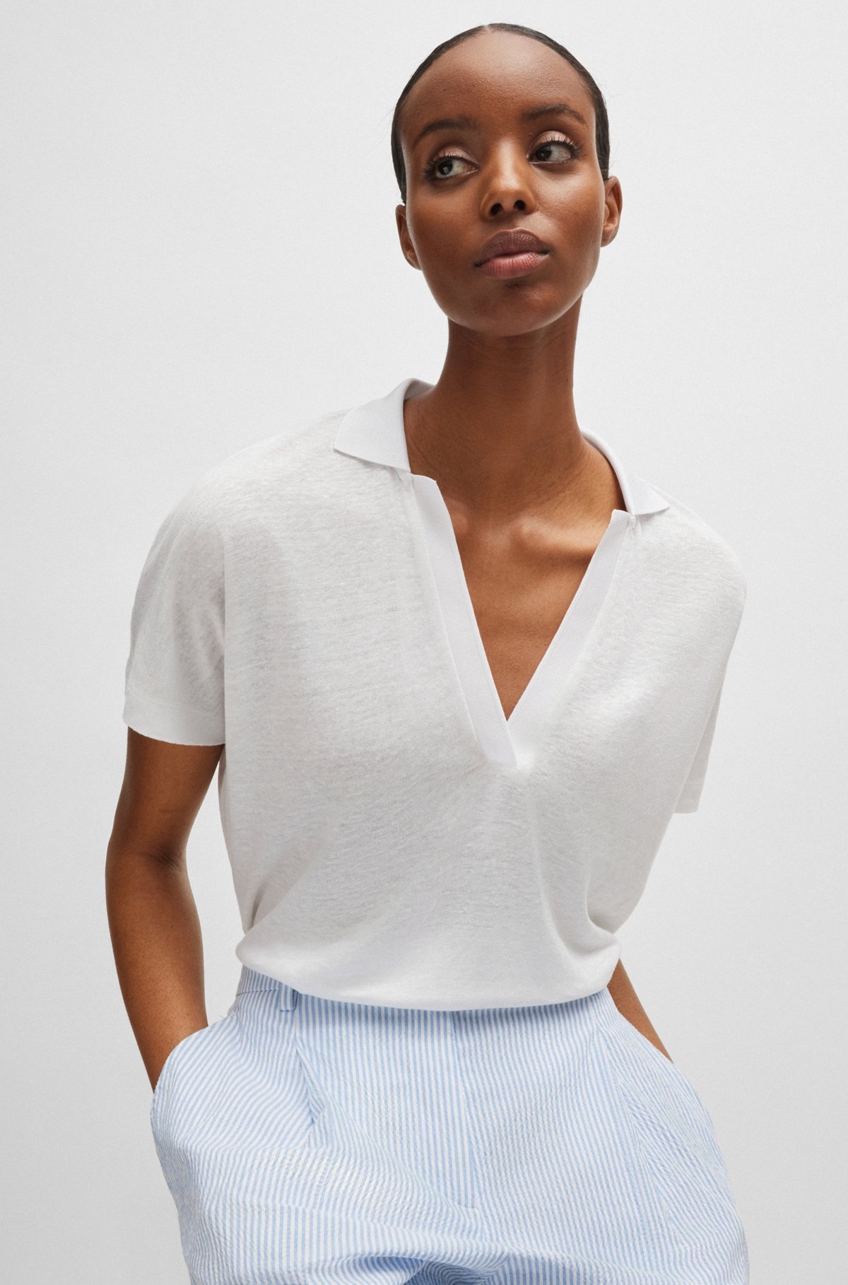 LINEN-BLEND TOP WITH JOHNNY COLLAR - 5
