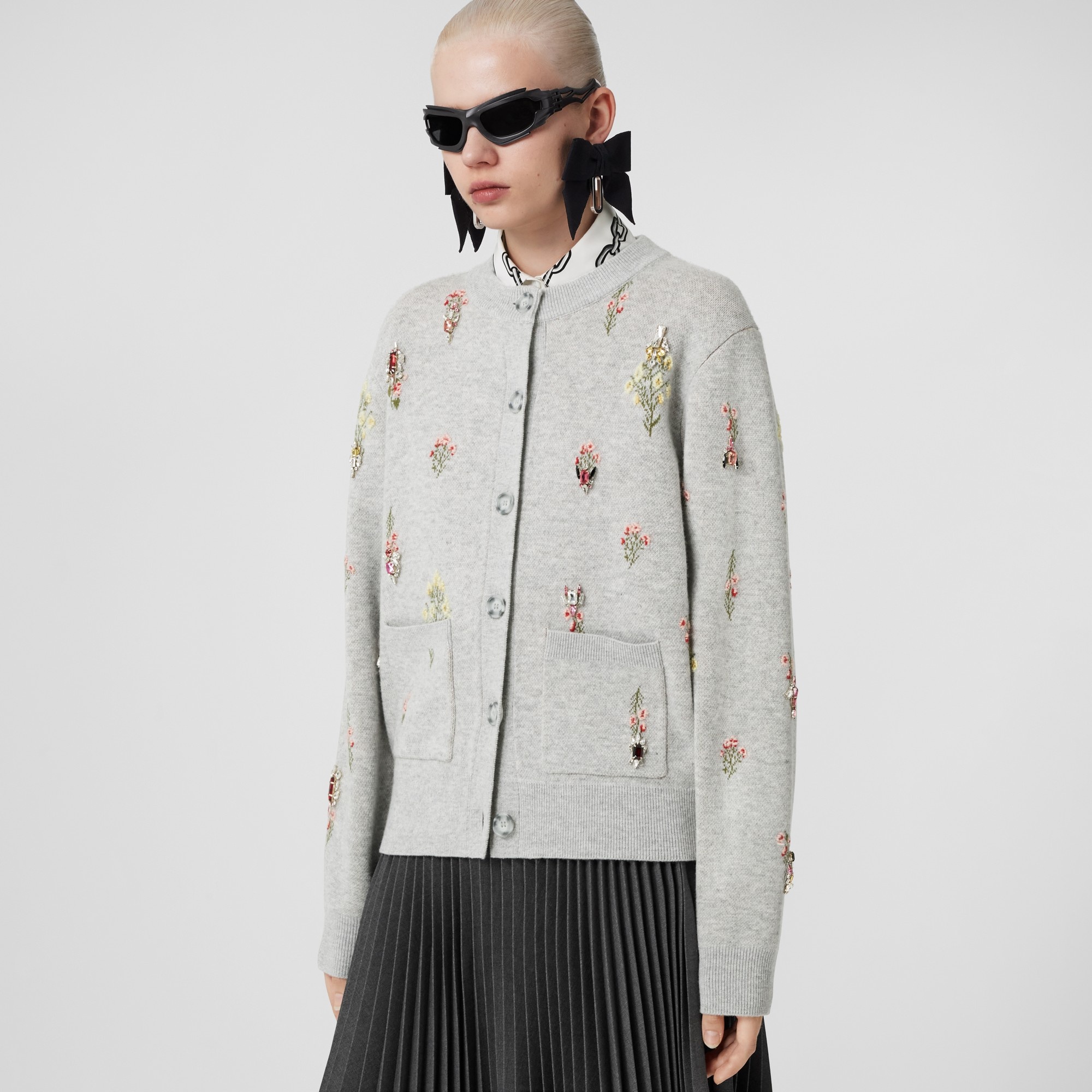 Crystal Embroidered Floral Wool Blend Cardigan - 4