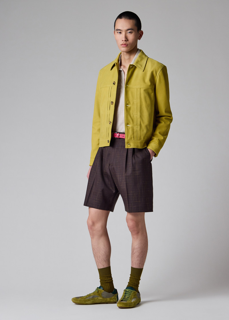 Aubergine Wool Check Pleated Shorts 9