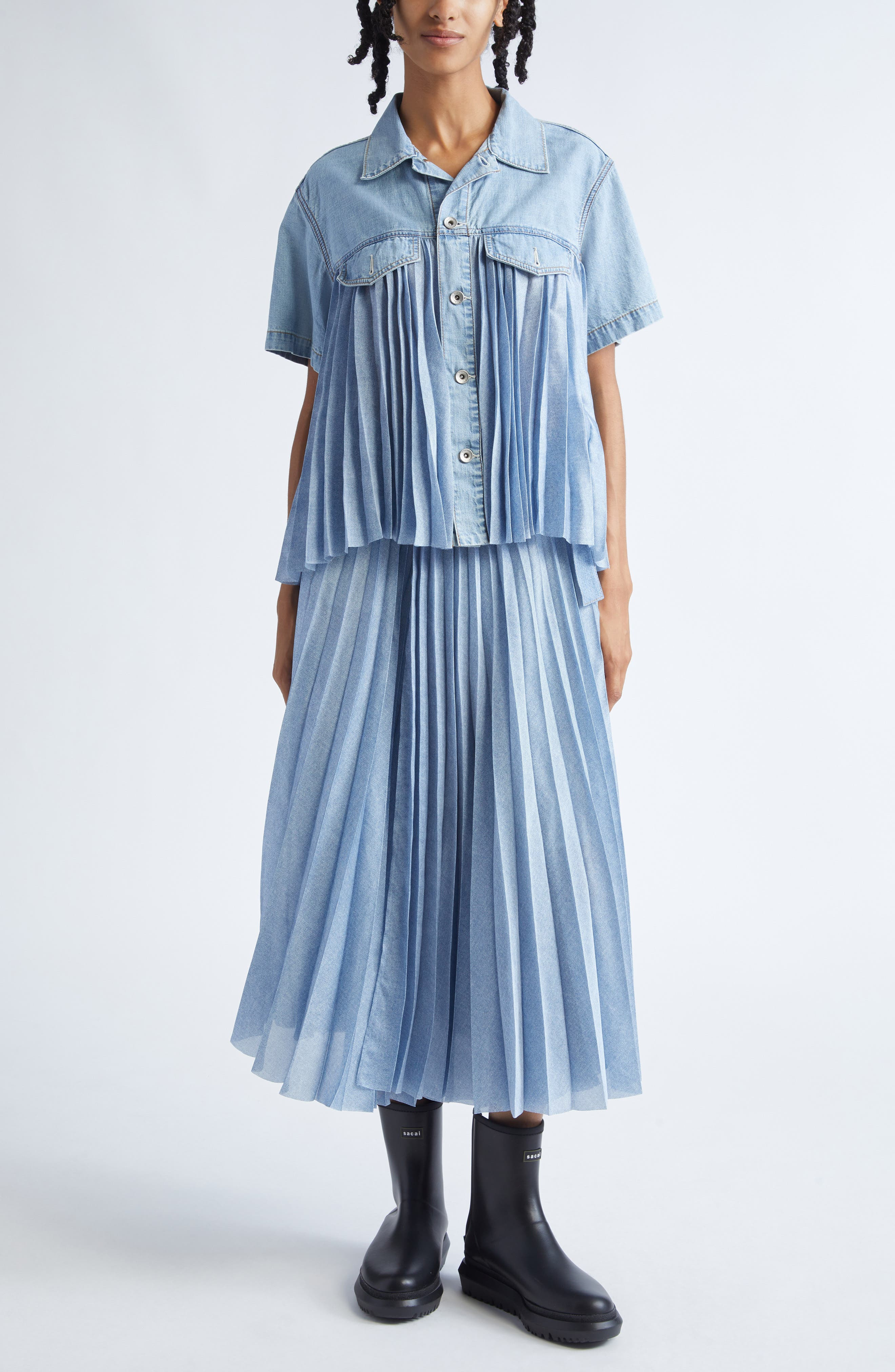 Sacai Mixed Media Short Sleeve Shirt in Light Blue at Nordstrom - 2
