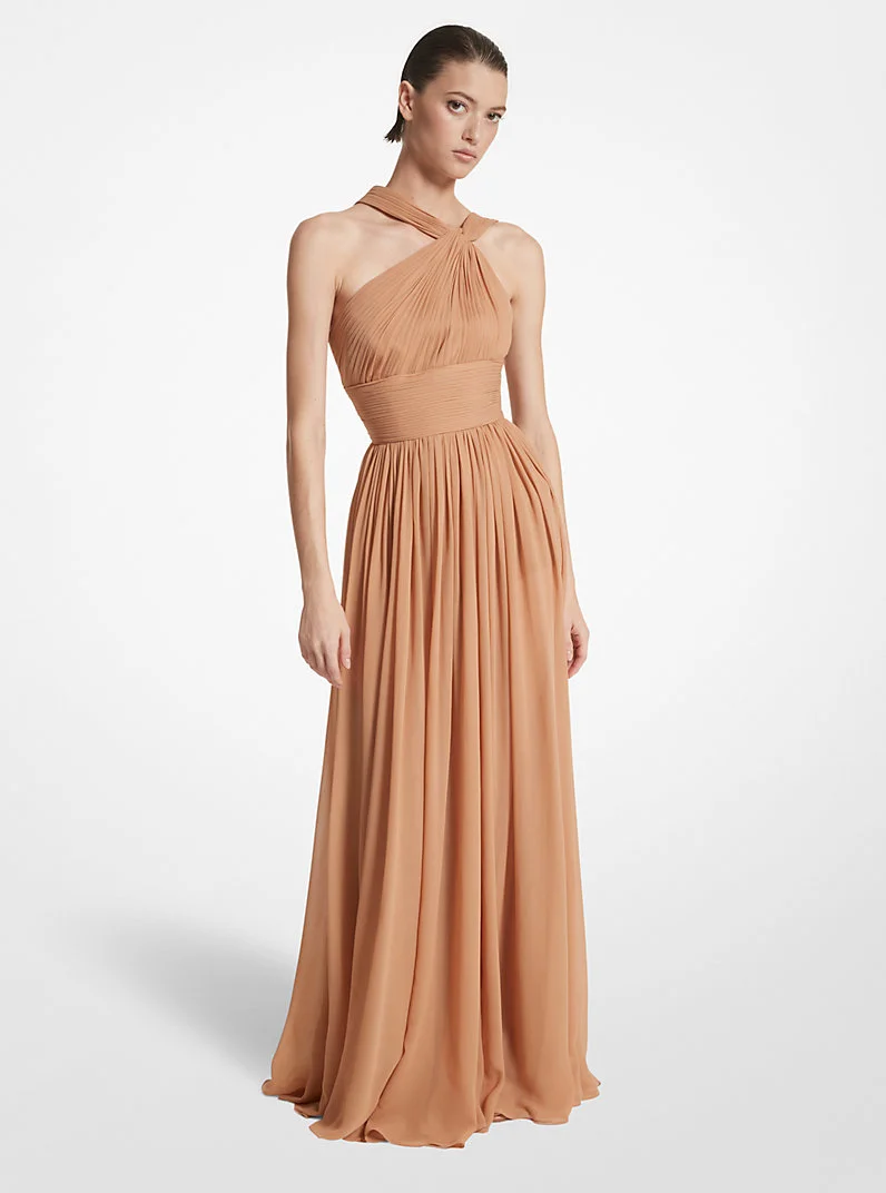 Hand-Gathered Silk Chiffon One-Shoulder Gown - 1