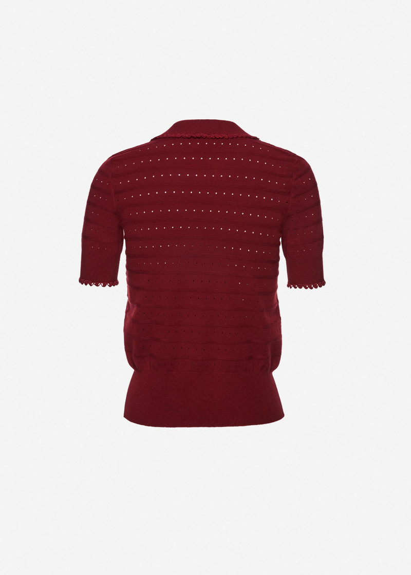 Polo knit top with frill details in burgundy 2