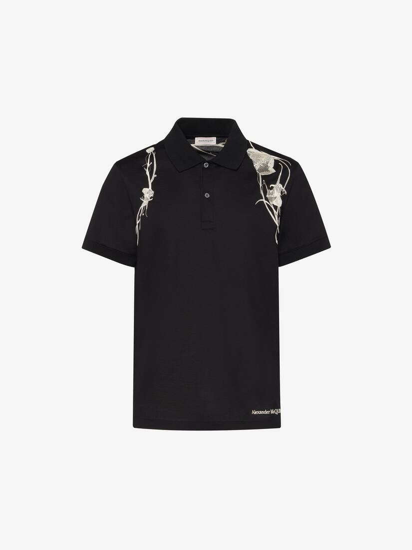 Men's Pressed Flower Harness Polo Shirt in Black - 2