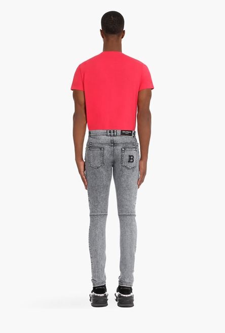 Slim gray cotton jeans with Balmain monogram - 3