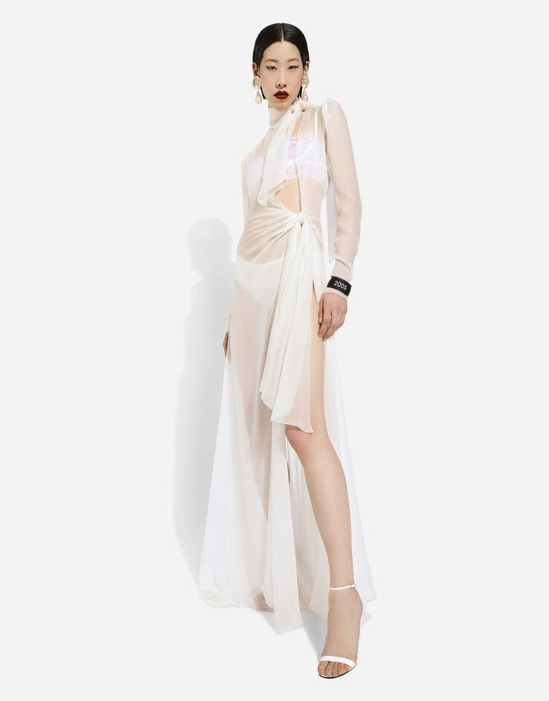 Long silk chiffon dress with bow detail 8