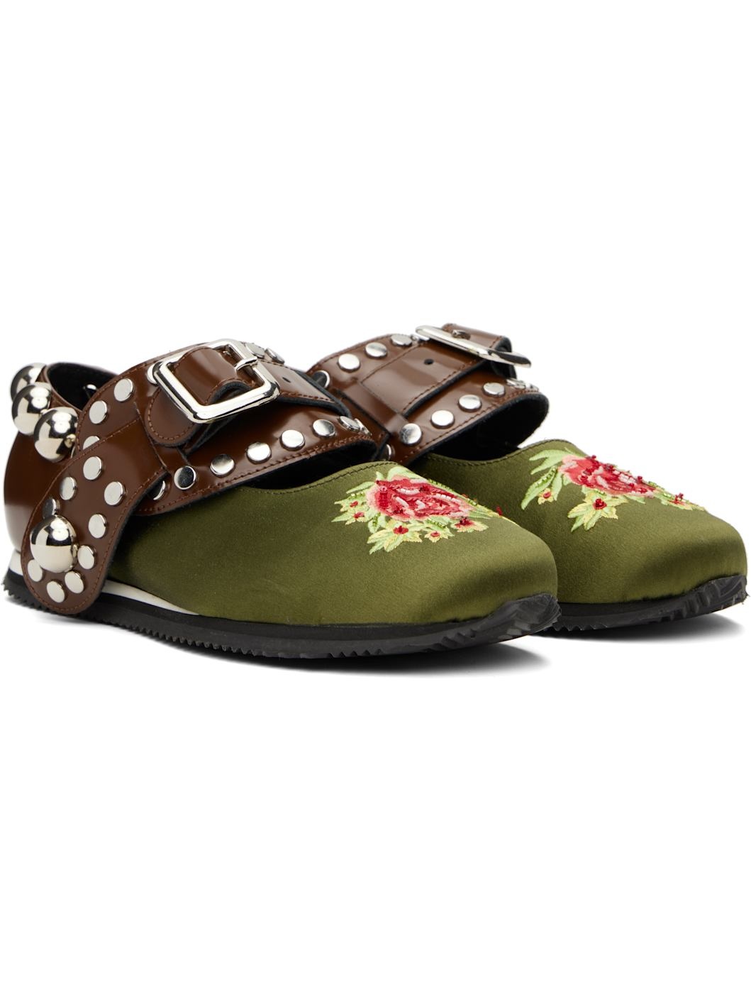 Green & Brown Spur Strap Mary Jane Ballerina Flats - 4