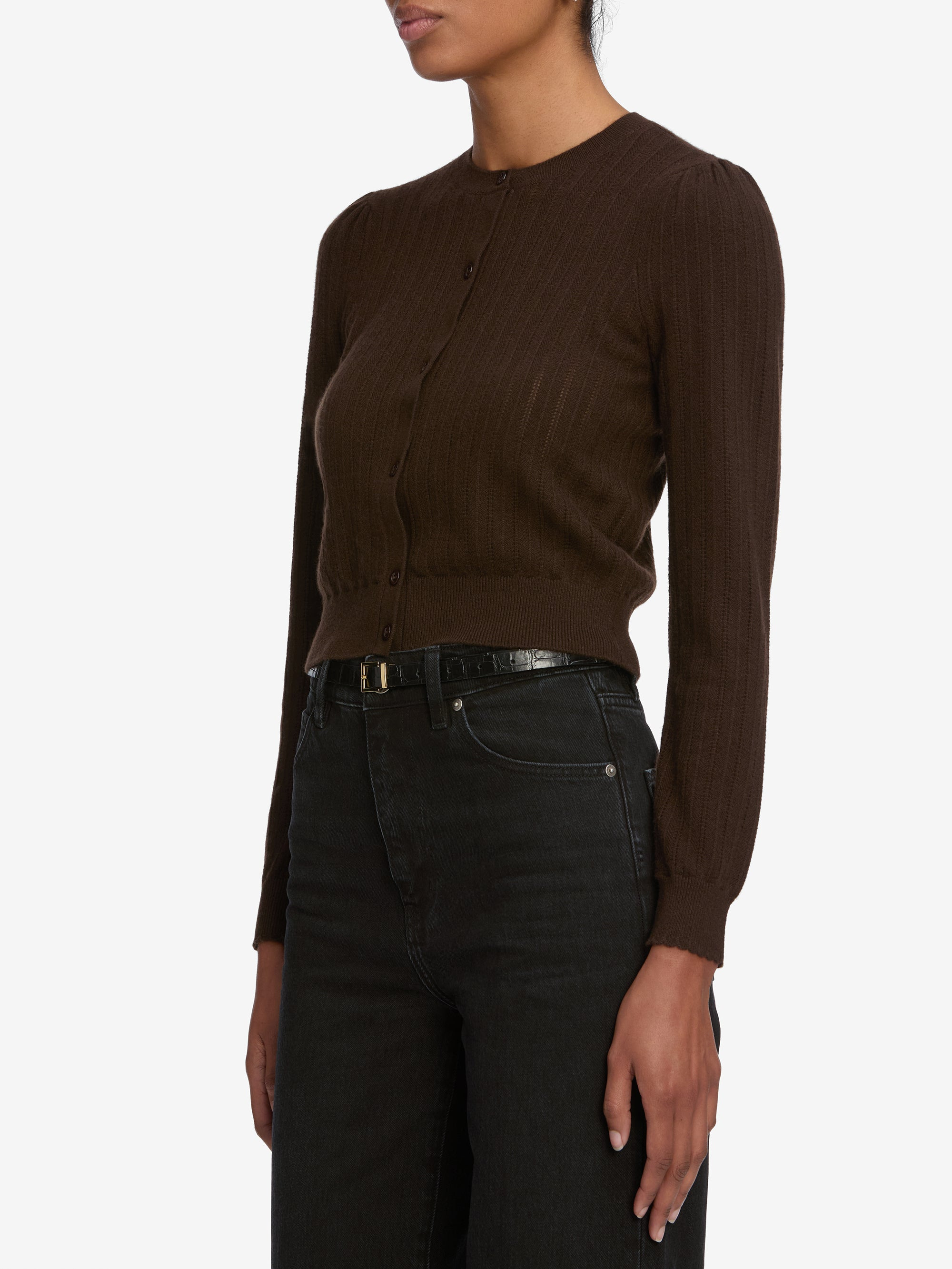 The Ladder Pointelle Cardi in Coffee - 5