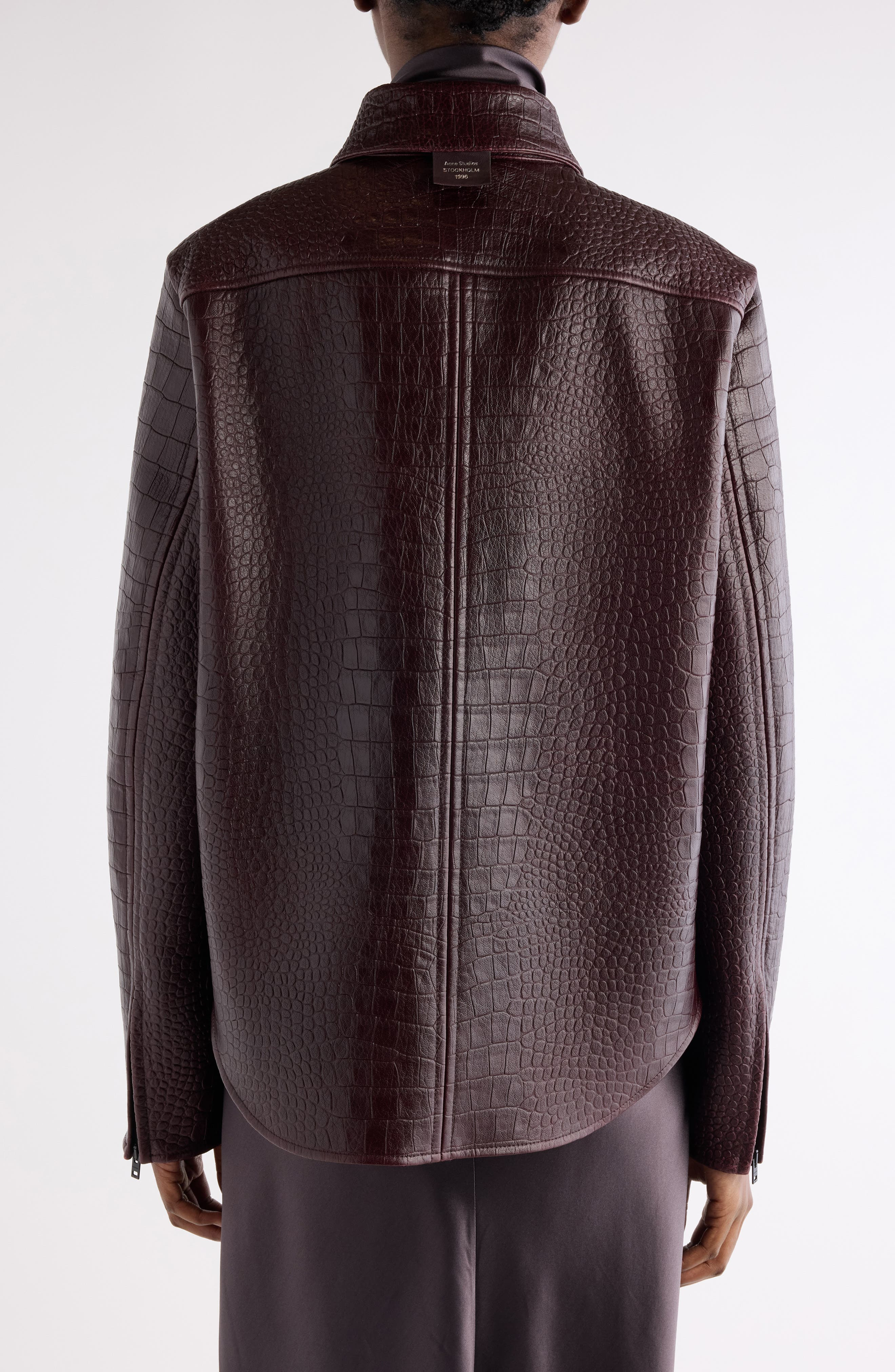 Acne Studios Lamank Croc Embossed Leather Shirt Jacket in Burgundy at Nordstrom - 3