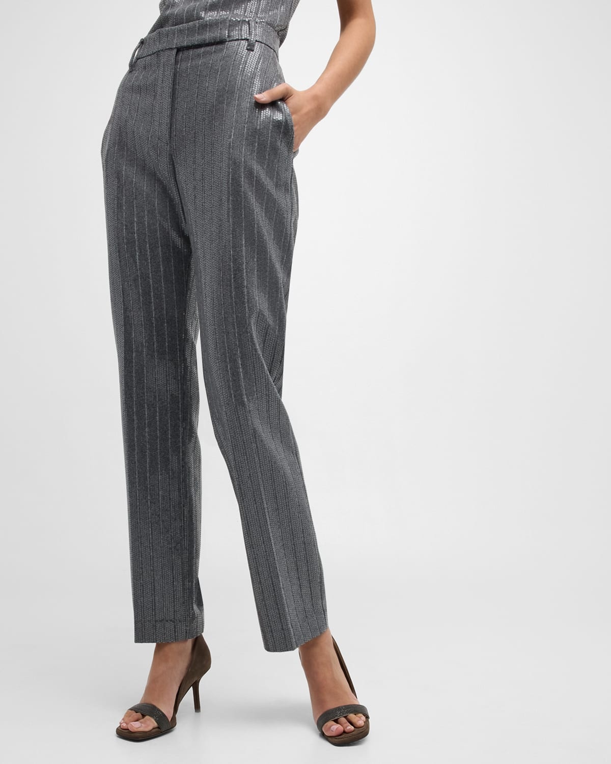 Pinstripe Sequin Embroidered Flannel Straight-Leg Pants - 7