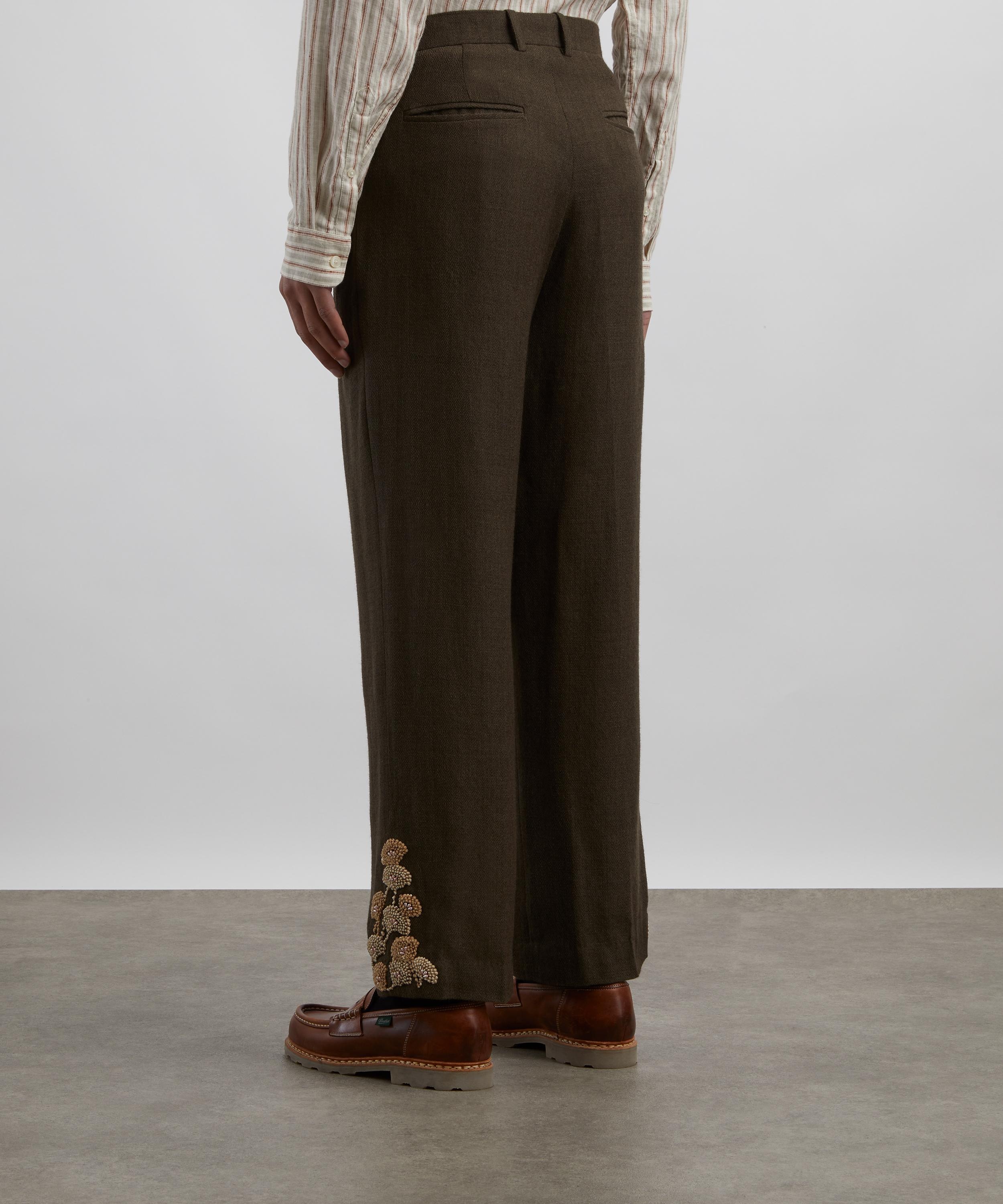 Khaki Double Pleat Hand-Embroidered Trousers - 4