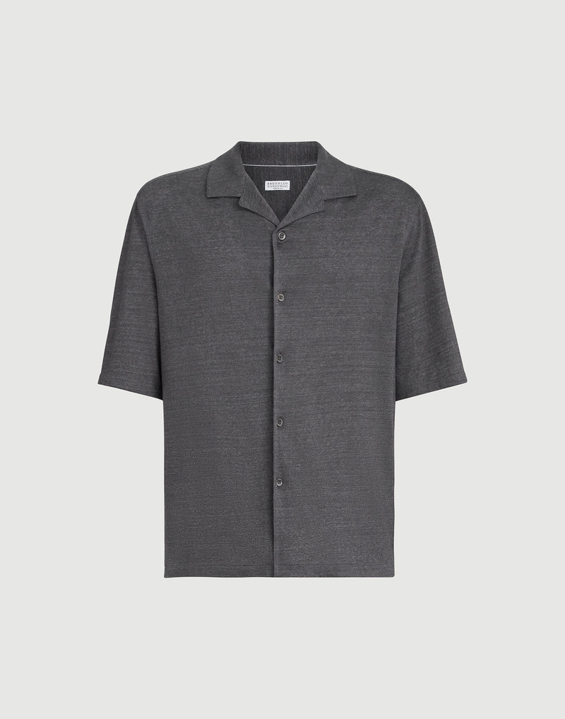 Linen and cotton mélange jersey short sleeve shirt with camp collar 1
