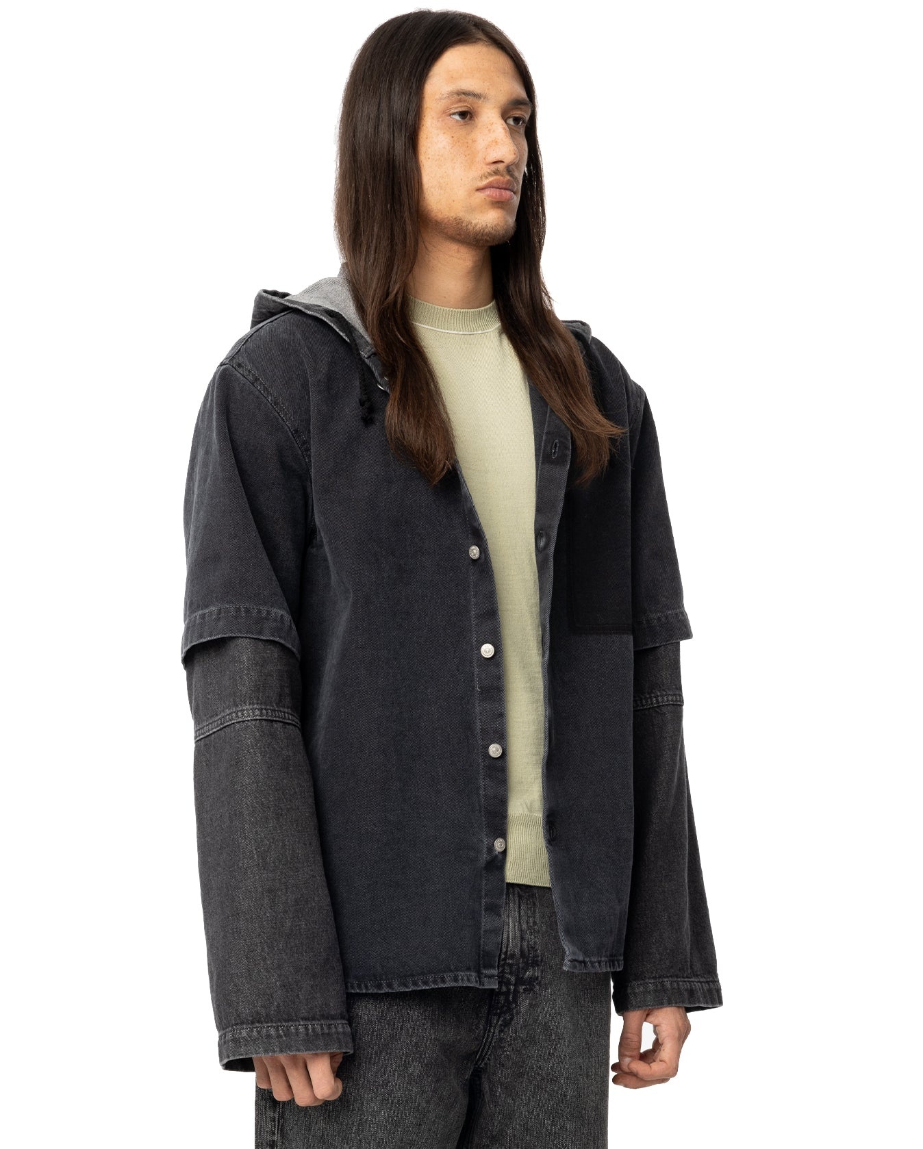 Denim Double Layer Hooded Jacket - Black - 3