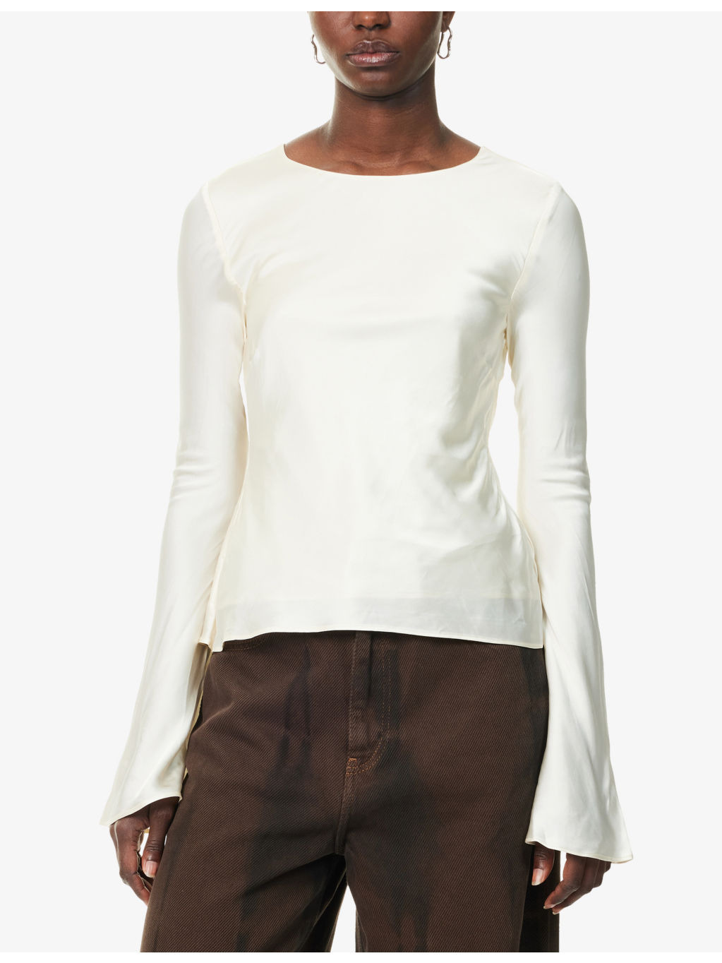 Bell-Sleeves Curved-Neckline Satin Blouse - 3
